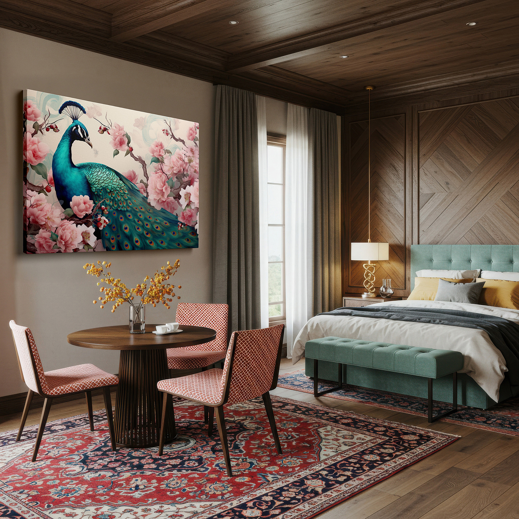 Close-up shows rich pigment, color blending, and brushwork texture — peacock majesty in a lush garden: vibrant blues and greens large canvas wall art, office decor