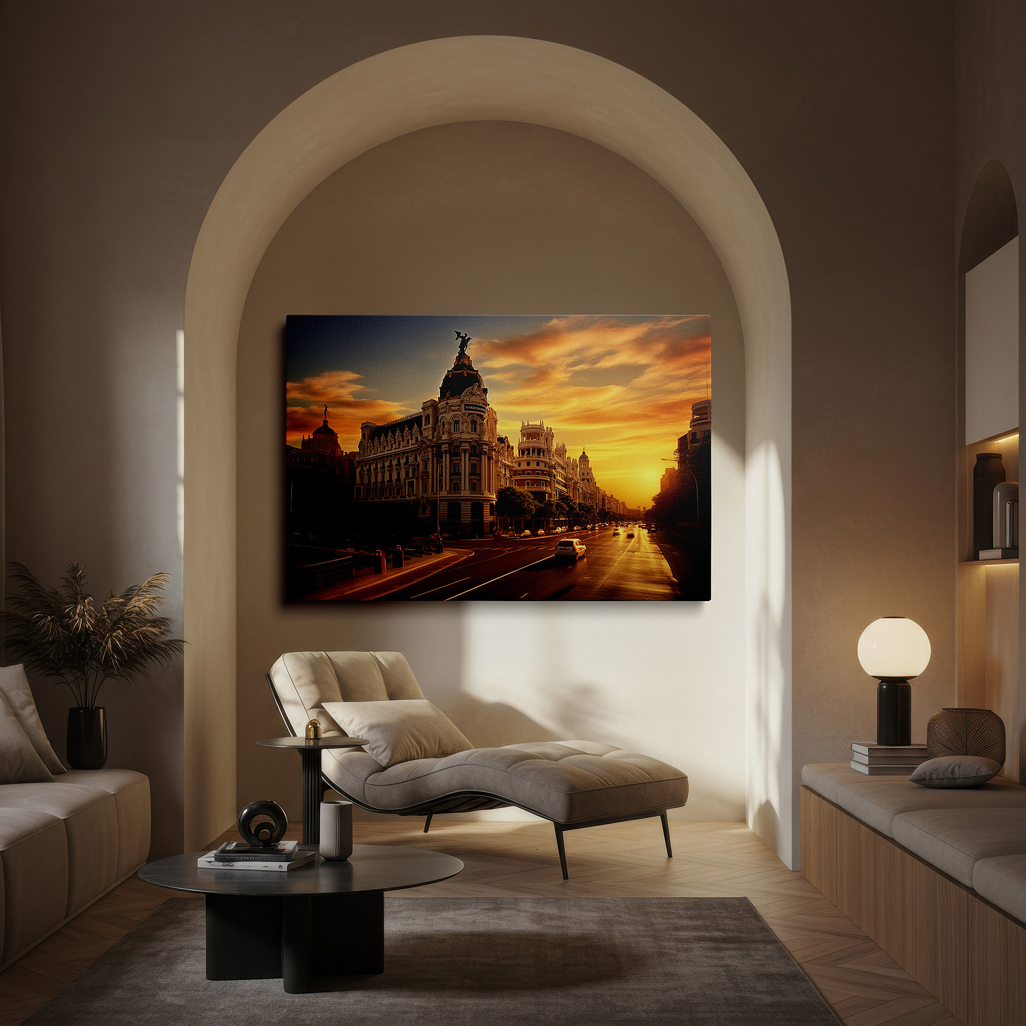 Close-up shows rich pigment, color blending, and brushwork texture — radiant sunset and majestic historic building amidst urban energy: large canvas wall art for office and bedroom decor