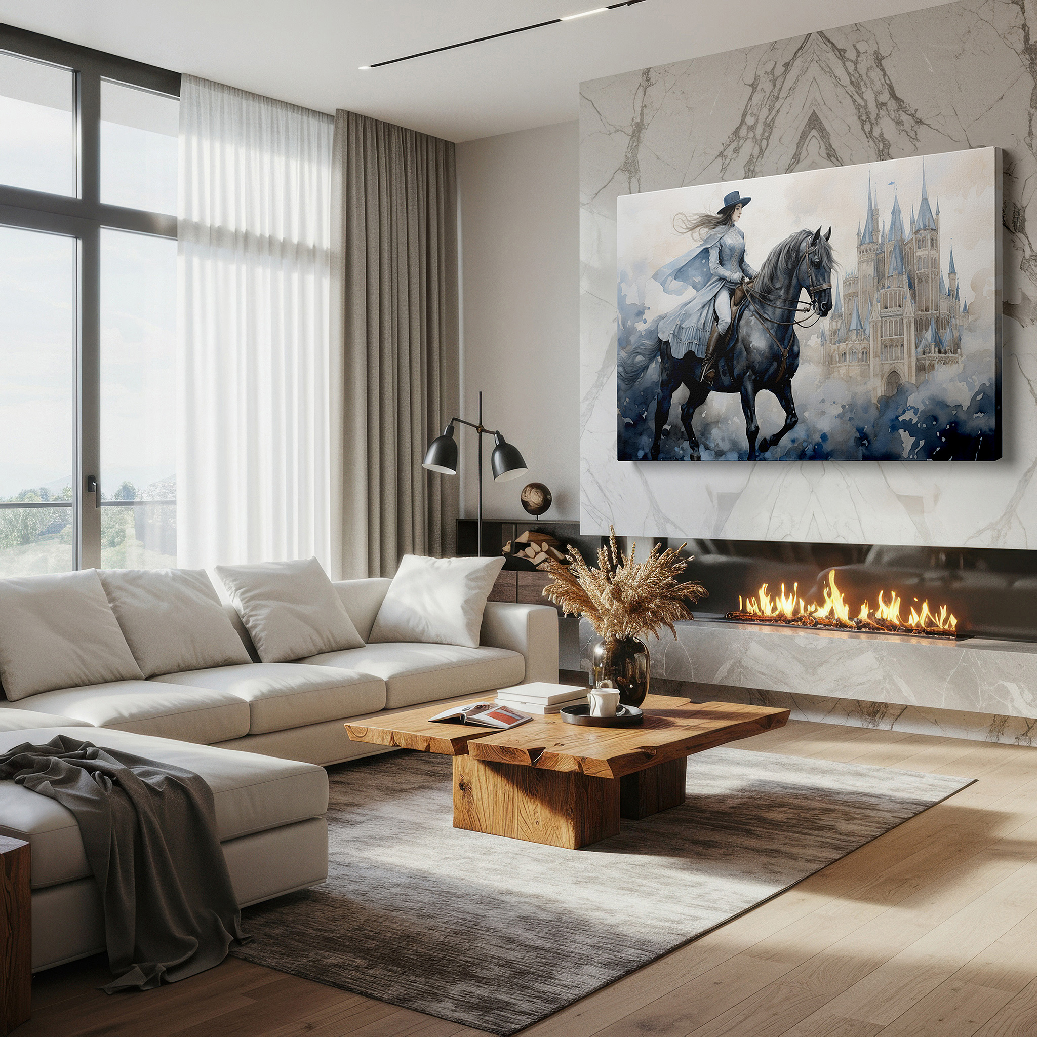 Close-up shows rich pigment, color blending, and brushwork texture — regal ride and misty castle large wall art, canvas decor for office and bedroom