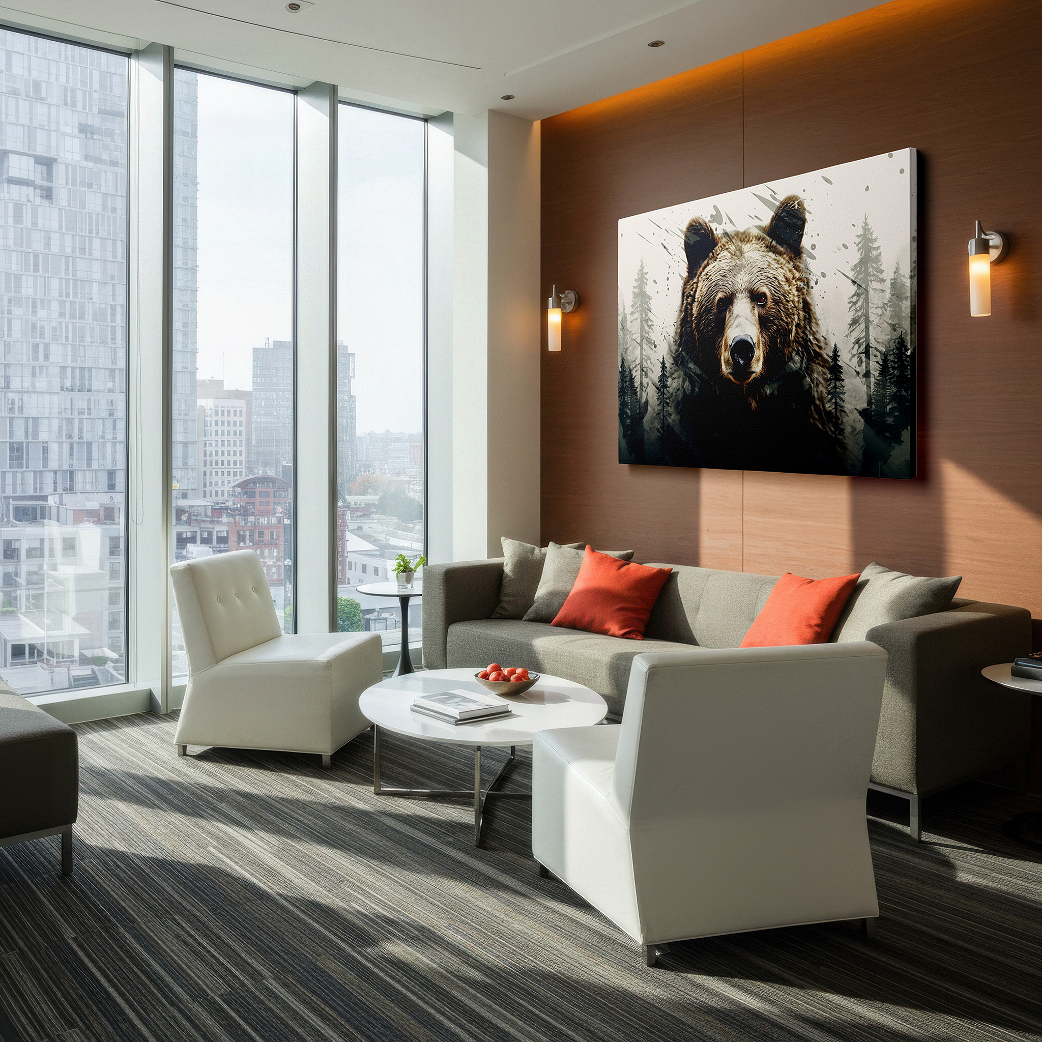 Close-up shows rich pigment, color blending, and brushwork texture — resilient and tranquil bear amidst abstract energy large canvas wall art for office, bedroom, and living room decor