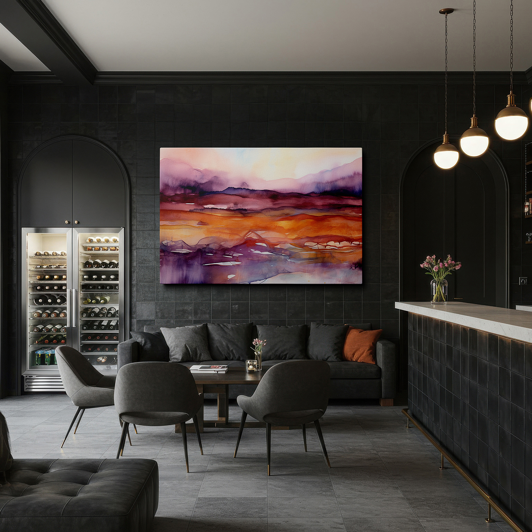 Close-up shows rich pigment, color blending, and brushwork texture — serene abstract landscape with soft edges and warm gradient hues, large canvas wall art for home and office decor
