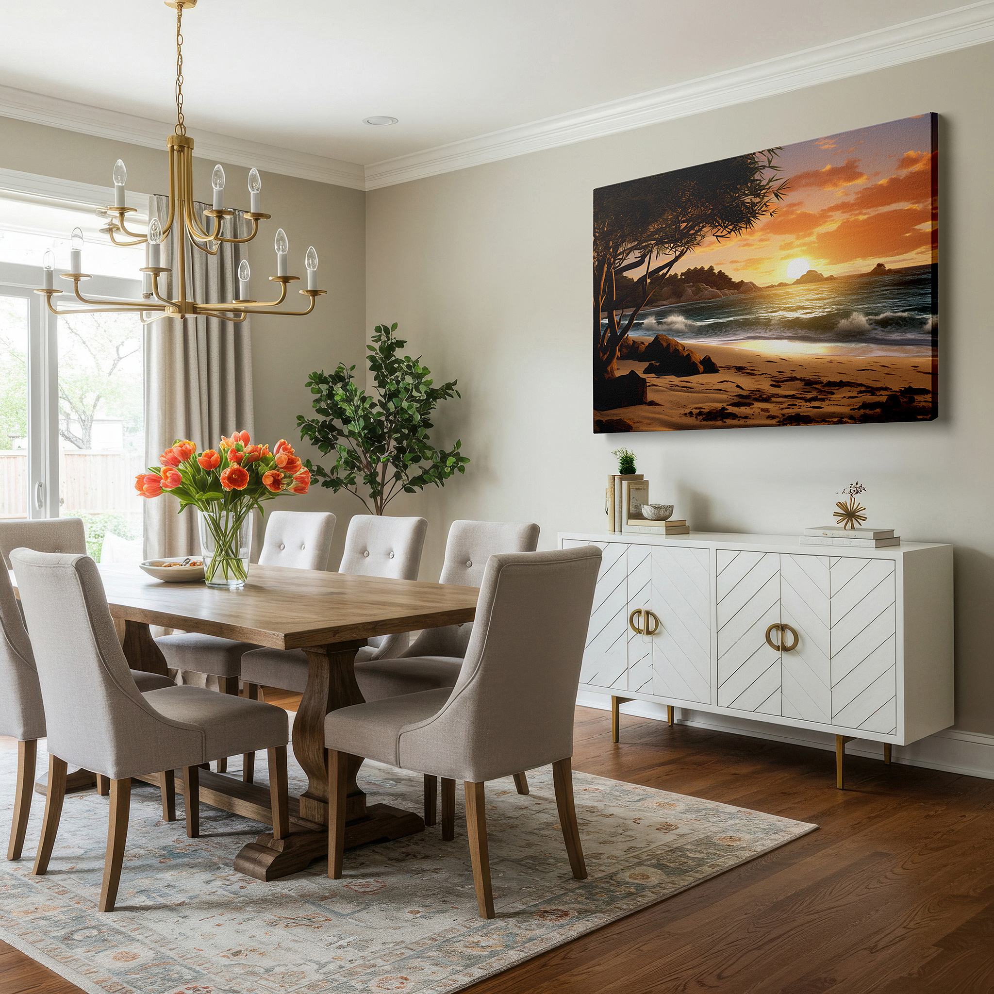 Close-up shows rich pigment, color blending, and brushwork texture — serene beach sunset with verdant foliage and soft waves - oversized wall art for office, bedroom, and living room decor
