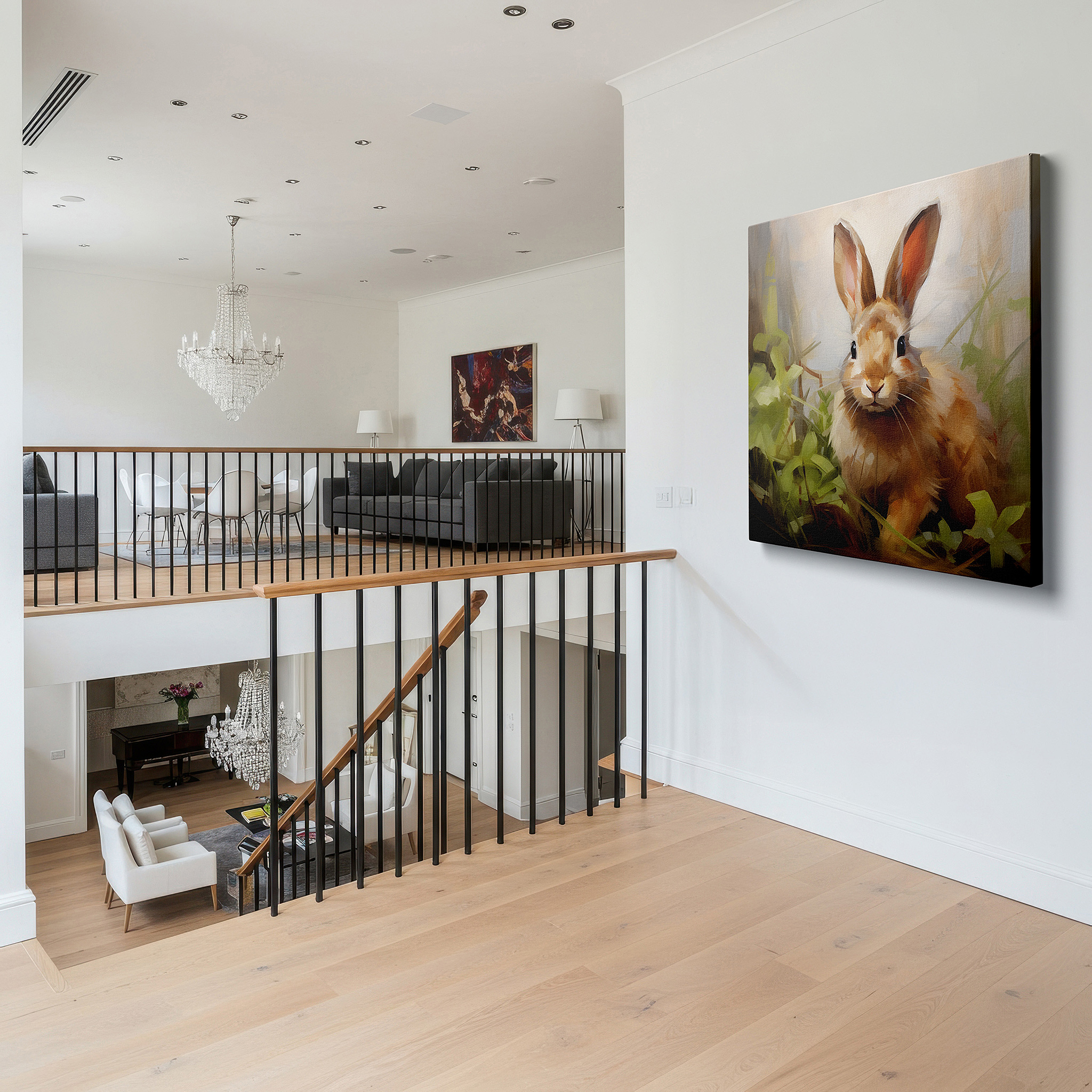 Close-up shows rich pigment, color blending, and brushwork texture — serene brown rabbit amidst lush greenery: tranquil wildlife large wall art, canvas decor for office and bedroom