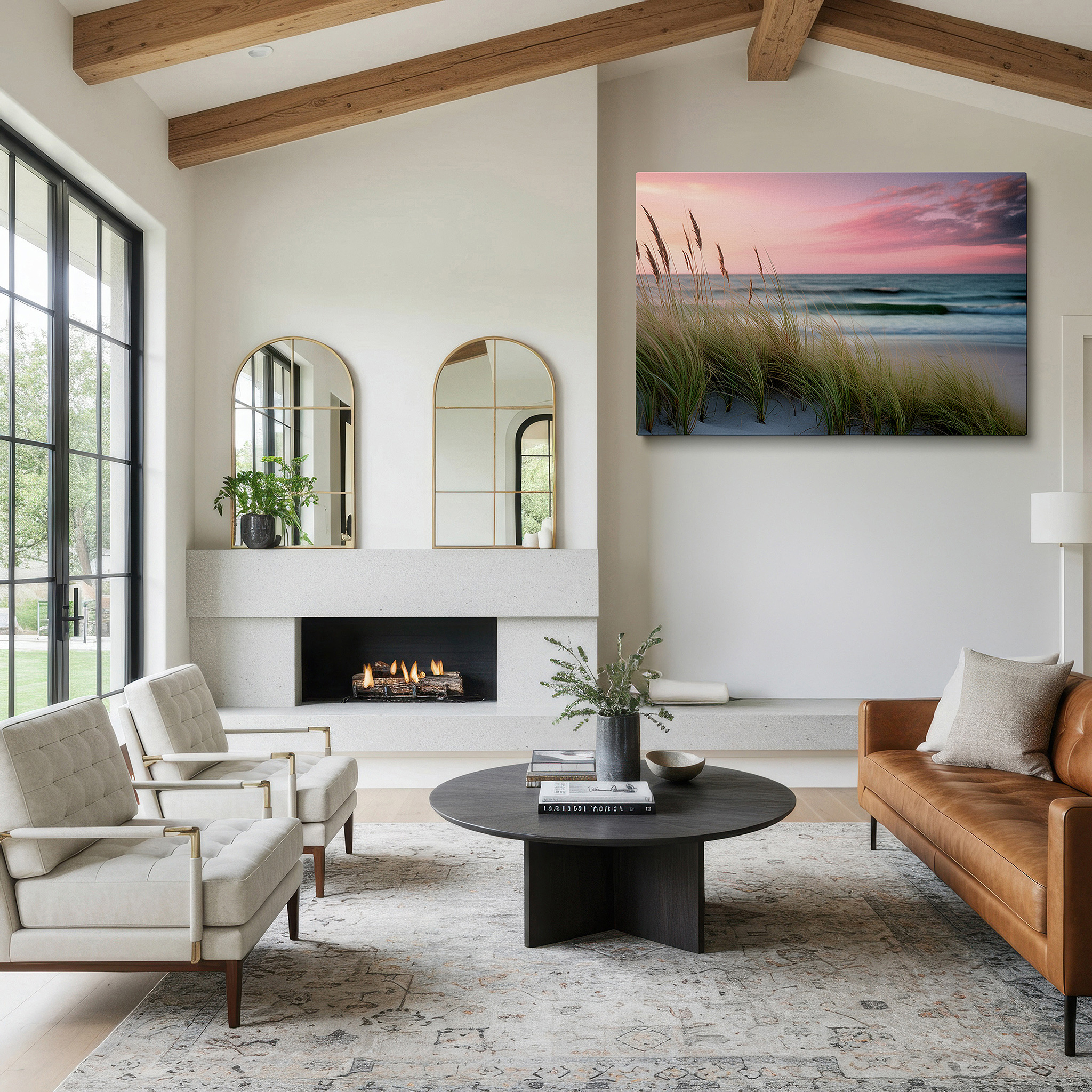 Close-up shows rich pigment, color blending, and brushwork texture — serene coastal evening wall art featuring sunset hues and swaying grasses, perfect for office, bedroom, or living room decor