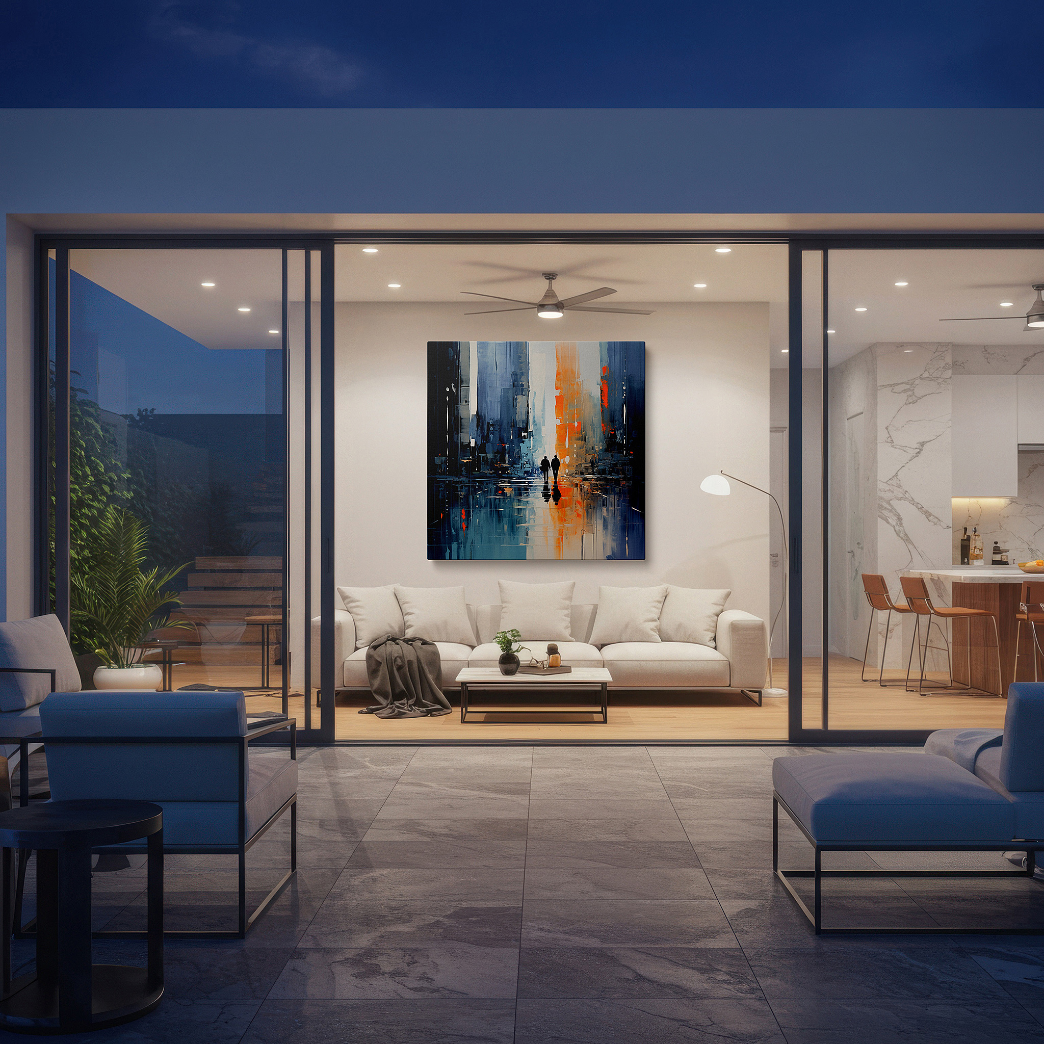 Close-up shows rich pigment, color blending, and brushwork texture — serene companionship in the twilight glow amidst a busy cityscape: large wall art, canvas wall art, wall decor for office and bedroom