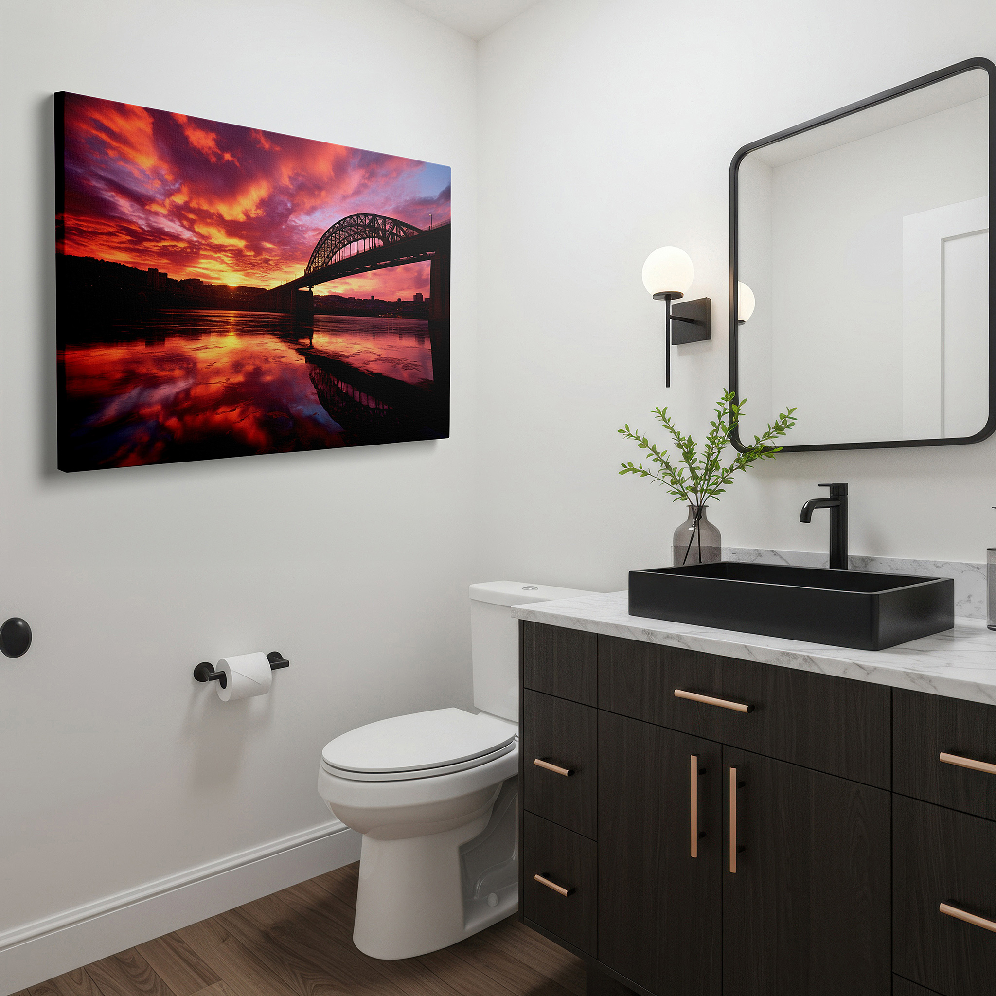 Close-up shows rich pigment, color blending, and brushwork texture — serene evening featuring architectural wonders, sunset sky, and reflective waters: large canvas wall art for office and bedroom decor