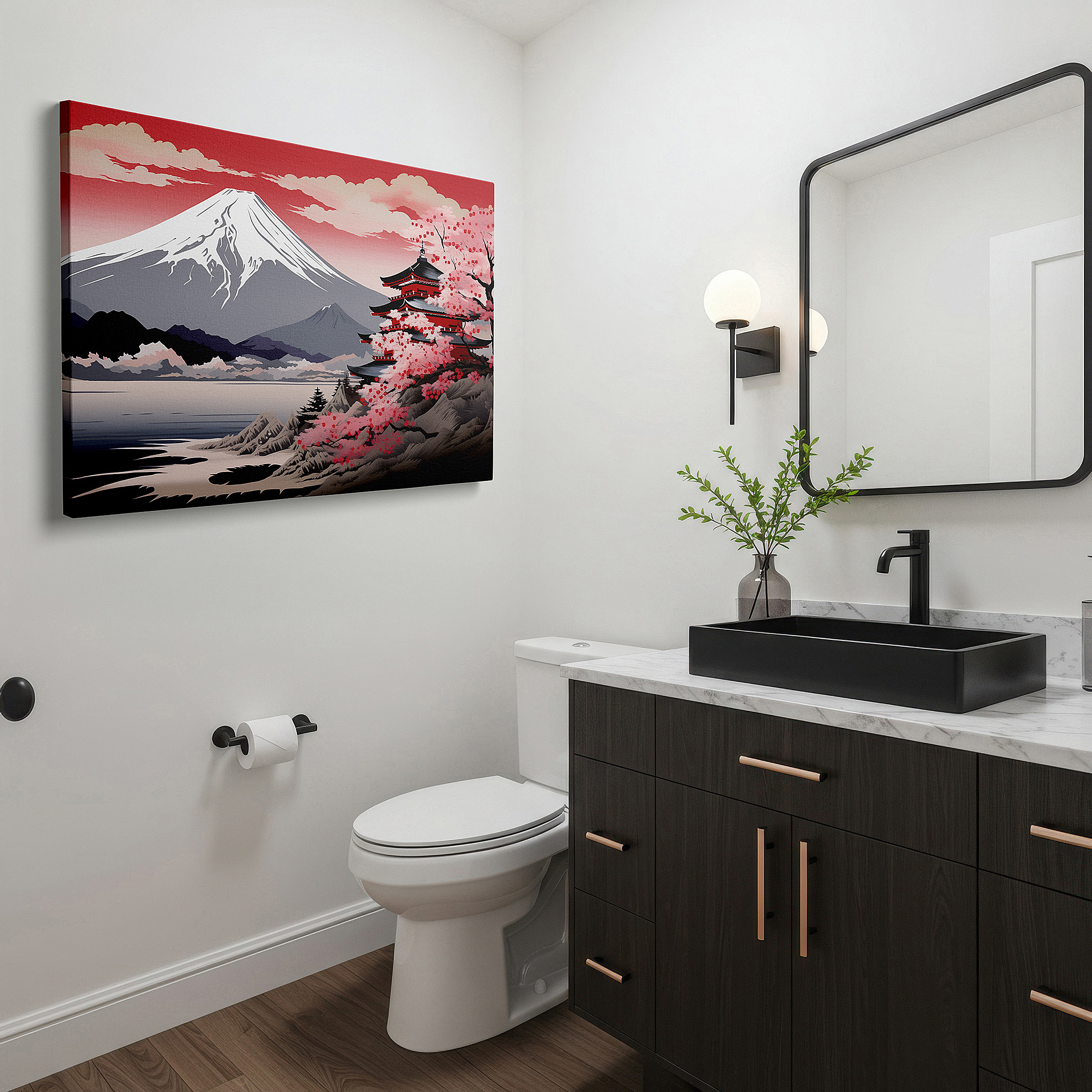 Close-up shows rich pigment, color blending, and brushwork texture — serene japanese temple with sakura and mount fuji large canvas wall art, tranquil cultural tapestry for office decor