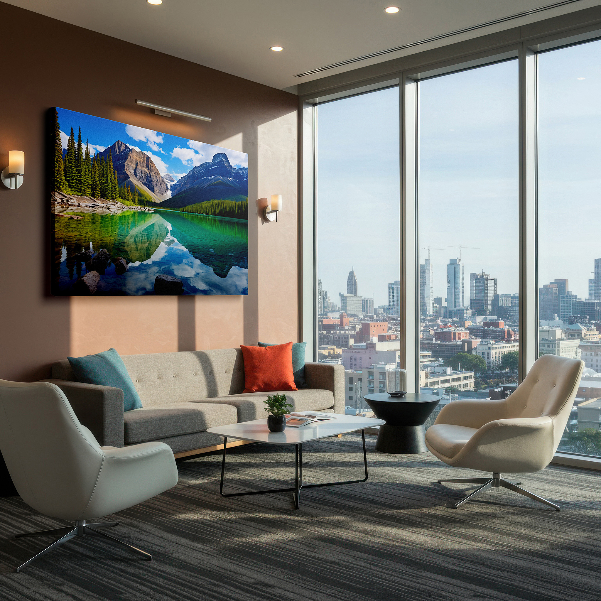 Close-up shows rich pigment, color blending, and brushwork texture — serene mountain lake and verdant trees reflection wall art - vibrant blue sky canvas for office and bedroom decor