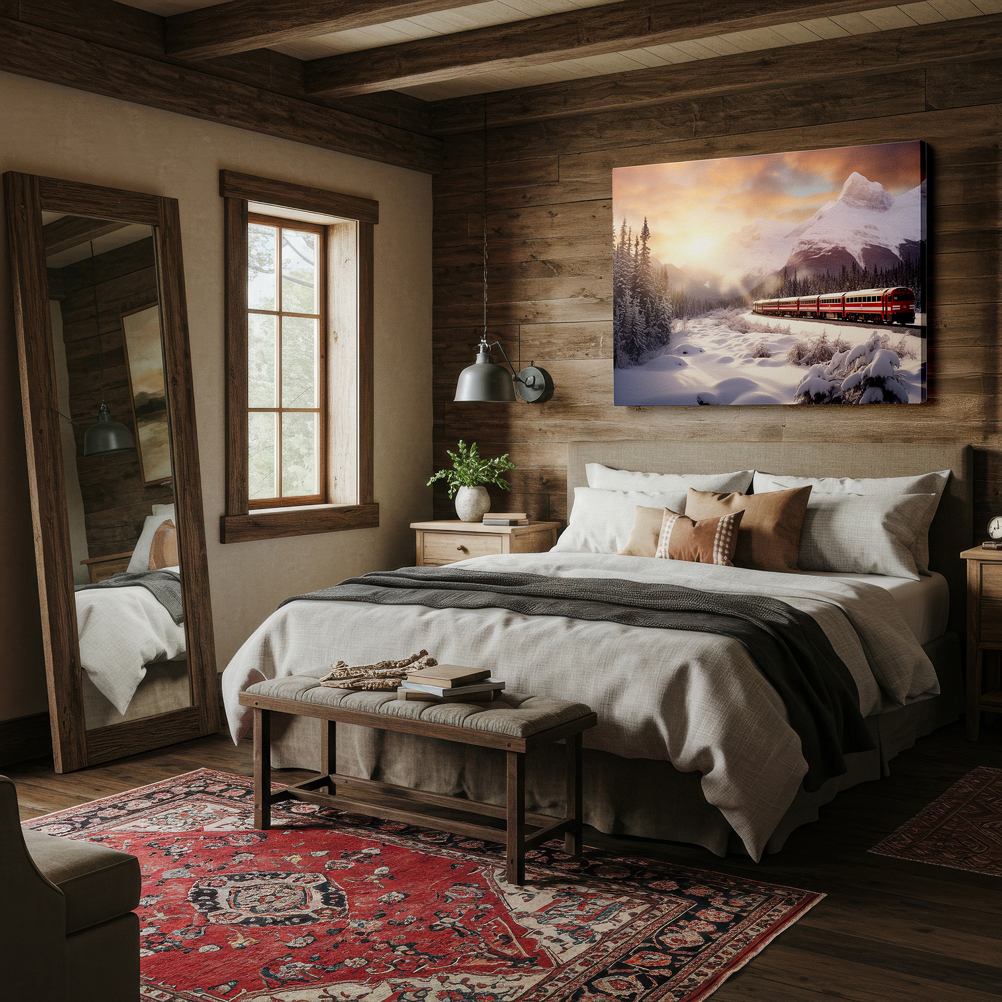 Close-up shows rich pigment, color blending, and brushwork texture — serene snow scene featuring a bright red train at sunset - large canvas wall art for office, bedroom, and living room decor