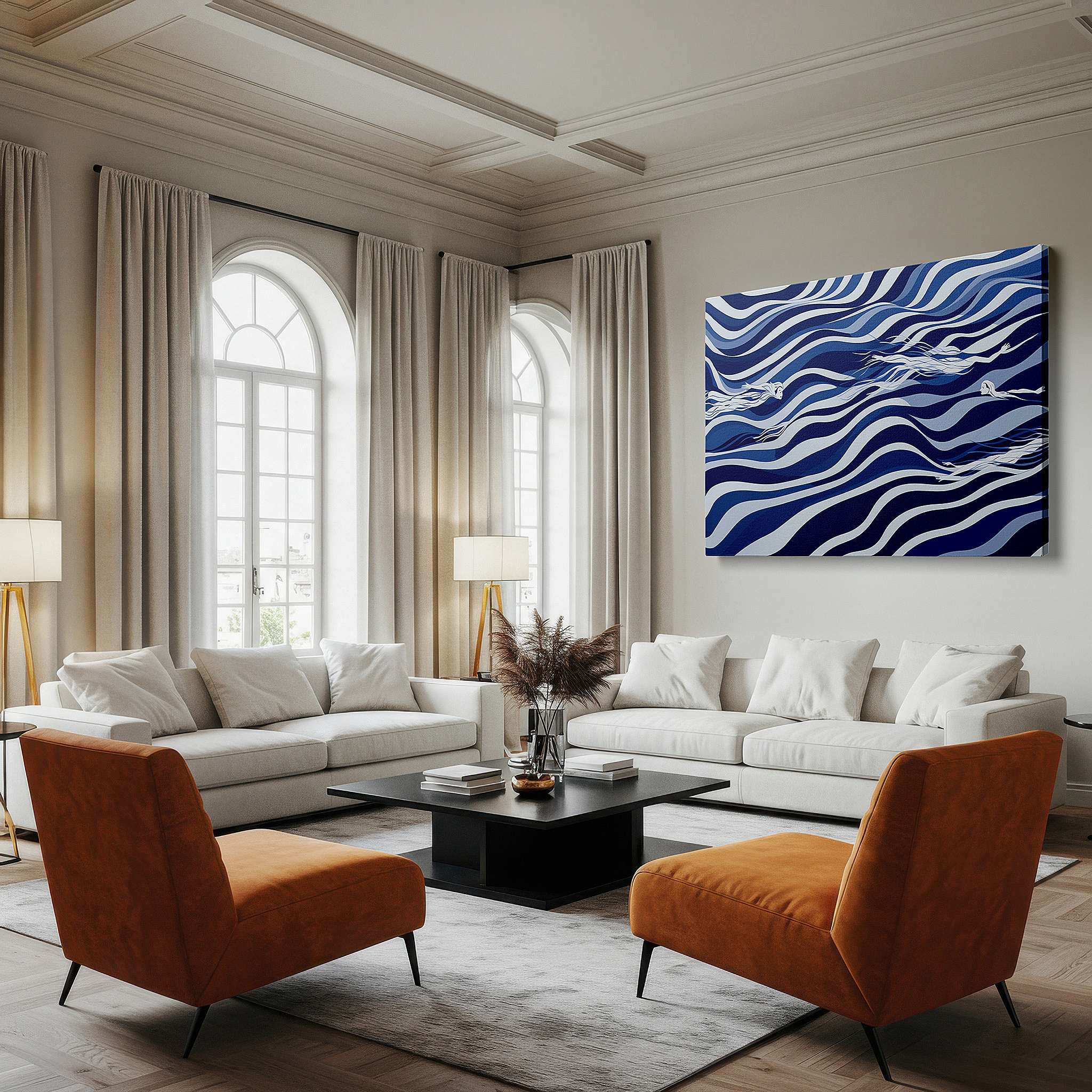 Close-up shows rich pigment, color blending, and brushwork texture — serene swimmers in blue waves: a tranquil abstract depicting movement and freedom - large wall art, canvas wall art, wall decor for office and bedroom