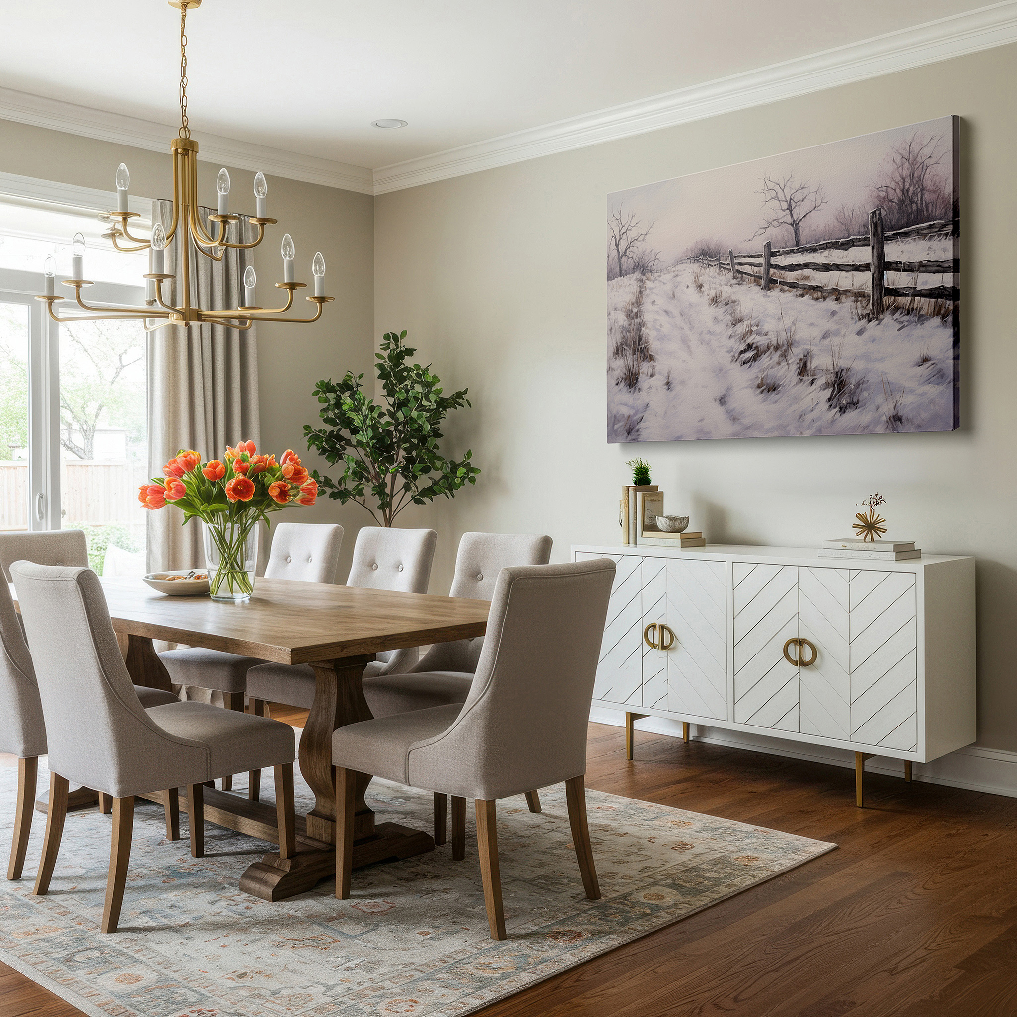 Close-up shows rich pigment, color blending, and brushwork texture — serene winter landscape featuring a snow-covered path and rustic wooden fence - large canvas wall art for office and bedroom decor
