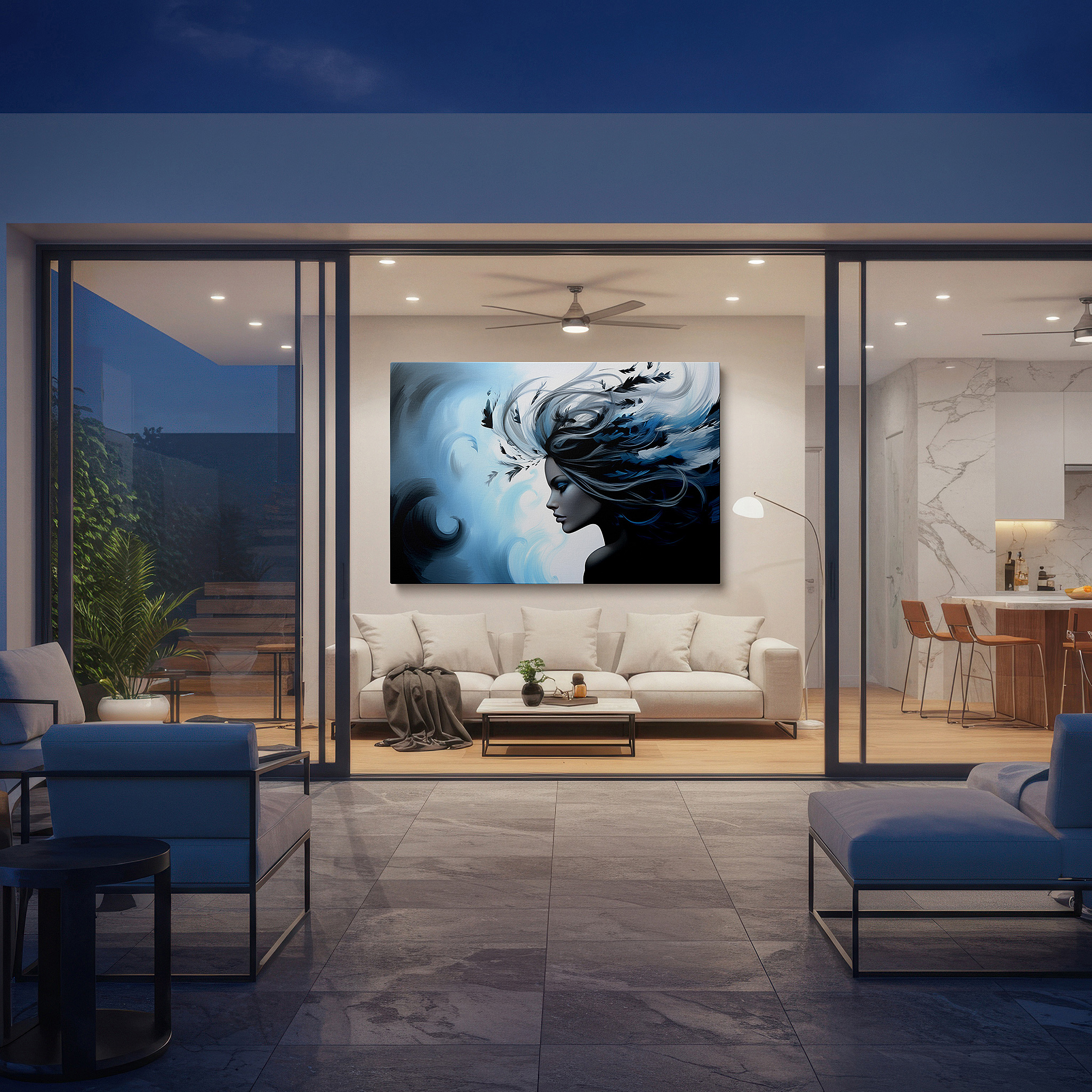 Close-up shows rich pigment, color blending, and brushwork texture — serene woman caressed by breeze, symphony of calm blues and soft whispers, large canvas wall art for office and bedroom decor