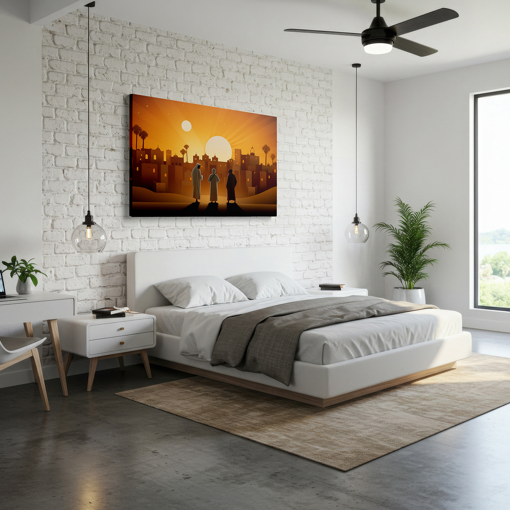 Close-up shows rich pigment, color blending, and brushwork texture — silhouetted figures gazing at an ancient city at sunset: a mysterious and historical tapestry - large canvas wall art for home and office decor