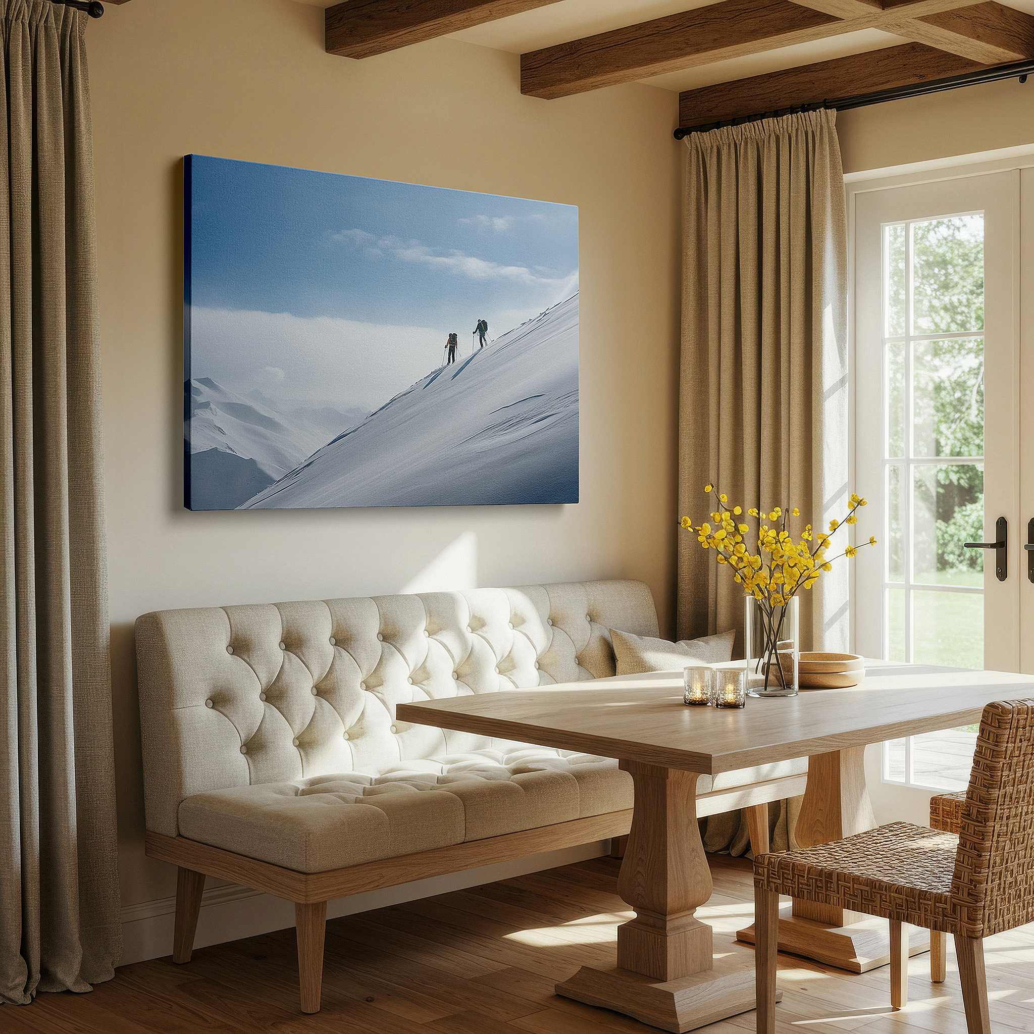 Close-up shows rich pigment, color blending, and brushwork texture — skiers climb majestic mountain beneath clear blue sky, a vibrant tribute to winter sports and resilience, large canvas wall art