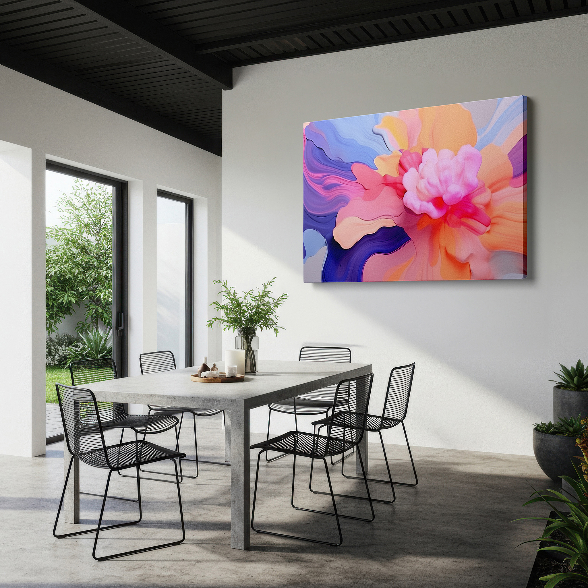 Close-up shows rich pigment, color blending, and brushwork texture — soft pastel and vibrant floral abstract art, tranquil and engaging large canvas wall decor for office