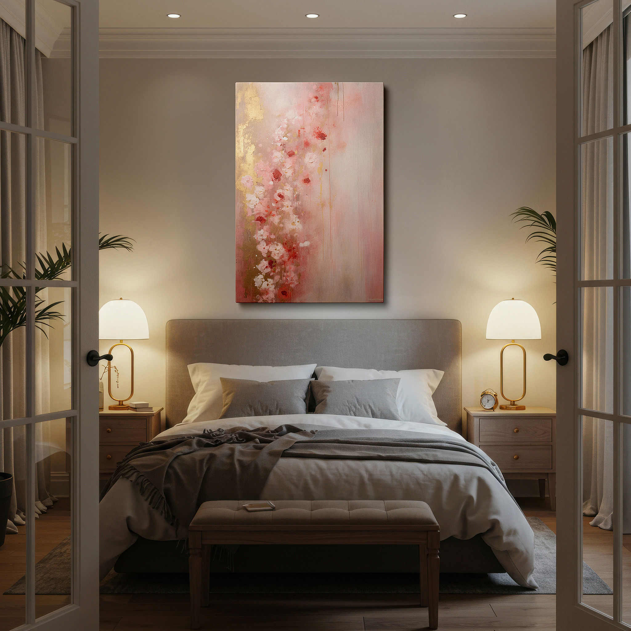 Close-up shows rich pigment, color blending, and brushwork texture — soft pink and red floral symphony with gold accents, large canvas wall art for office and bedroom decor