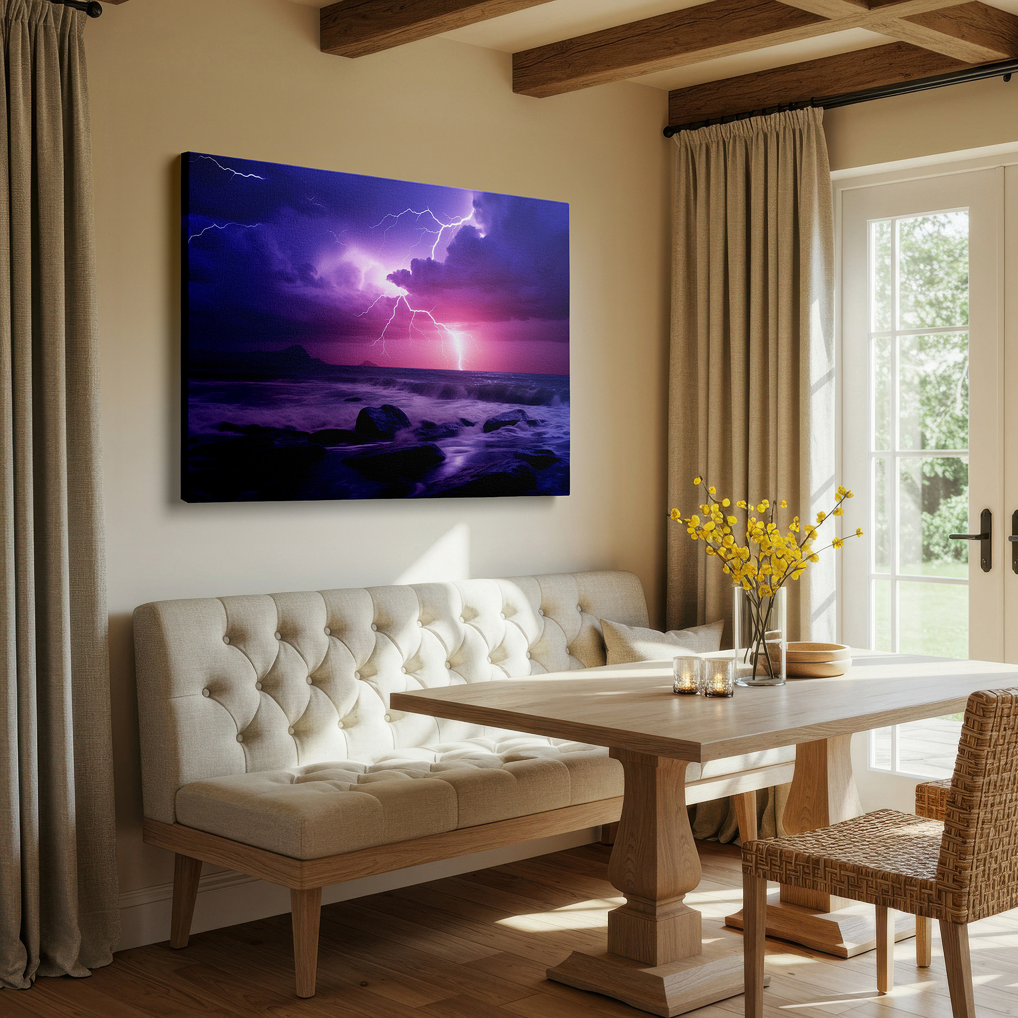 Close-up shows rich pigment, color blending, and brushwork texture — stormy seascape canvas: lightning and turbulent ocean waters - large wall art for office, bedroom, and living room decor