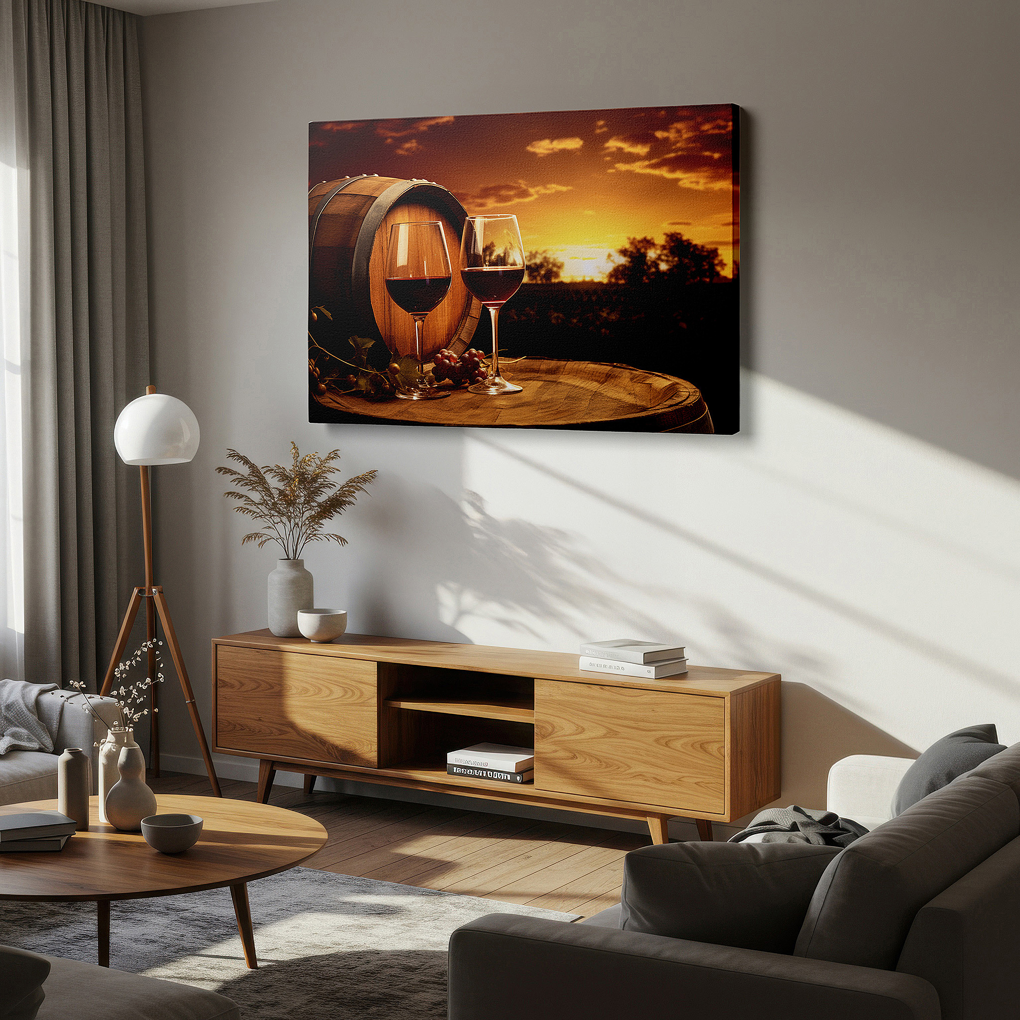 Close-up shows rich pigment, color blending, and brushwork texture — sunset serenade wall art featuring wine glasses, grapes, and a rustic barrel - large canvas for office, bedroom, and living room decor