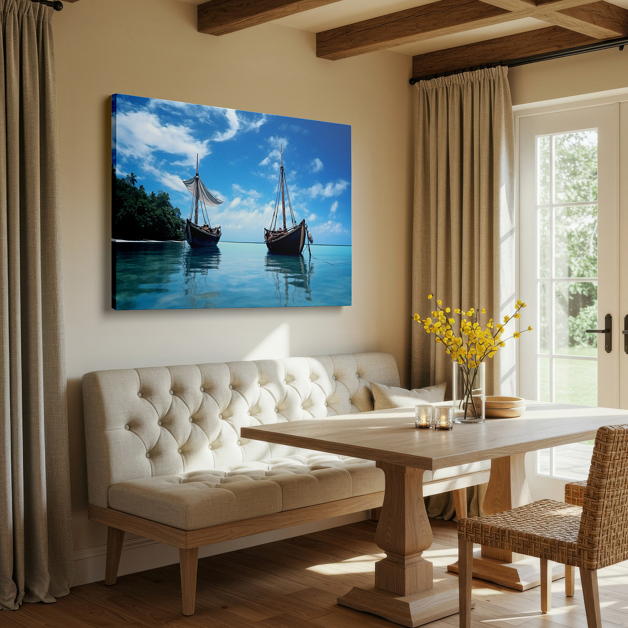 Close-up shows rich pigment, color blending, and brushwork texture — traditional boats on serene seascape: tranquil paradise large canvas wall art for office decor