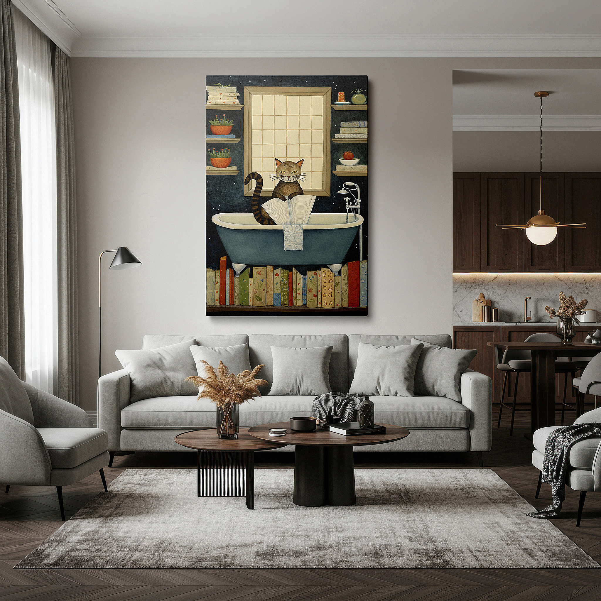 Close-up shows rich pigment, color blending, and brushwork texture — tranquil bathing cat immersed in reading surrounded by lush greenery - large canvas wall art for office and bedroom decor