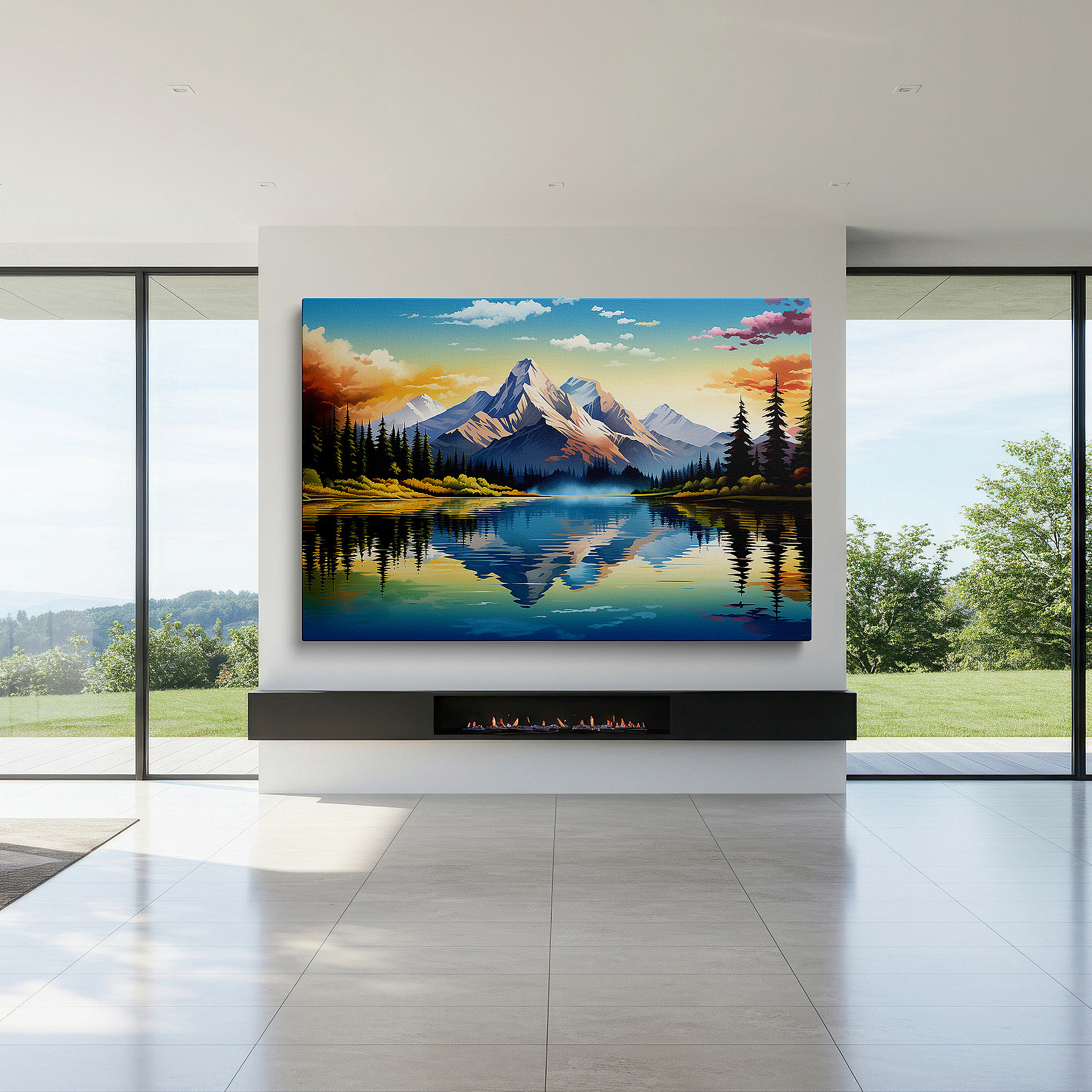 Close-up shows rich pigment, color blending, and brushwork texture — tranquil evening by the lake: sunset glow - serene solitude and reflective exploration - large canvas wall art for office decor