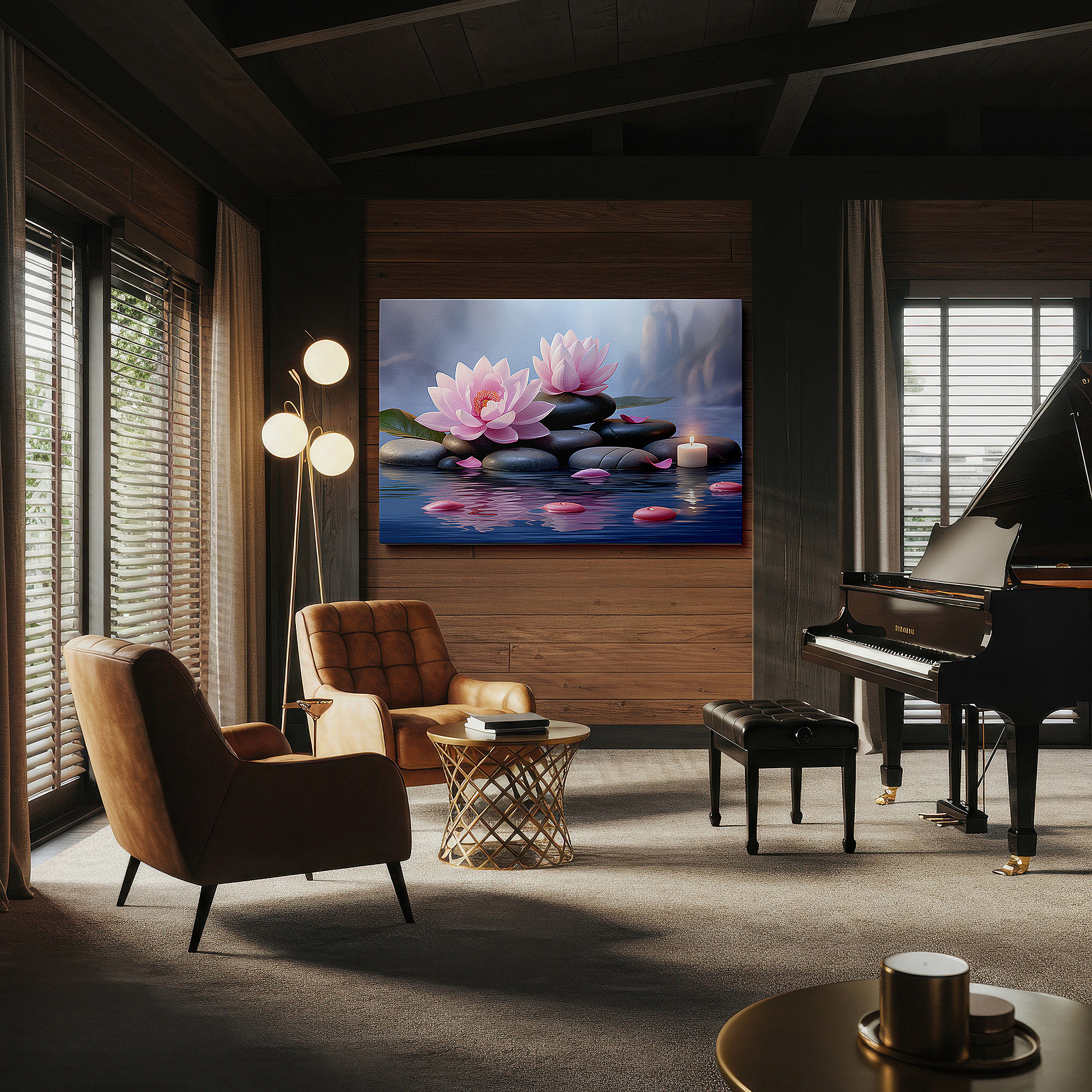 Close-up shows rich pigment, color blending, and brushwork texture — tranquil lotus blossoms and candles in a serene water garden: large canvas wall art for office, bedroom, and living room decor