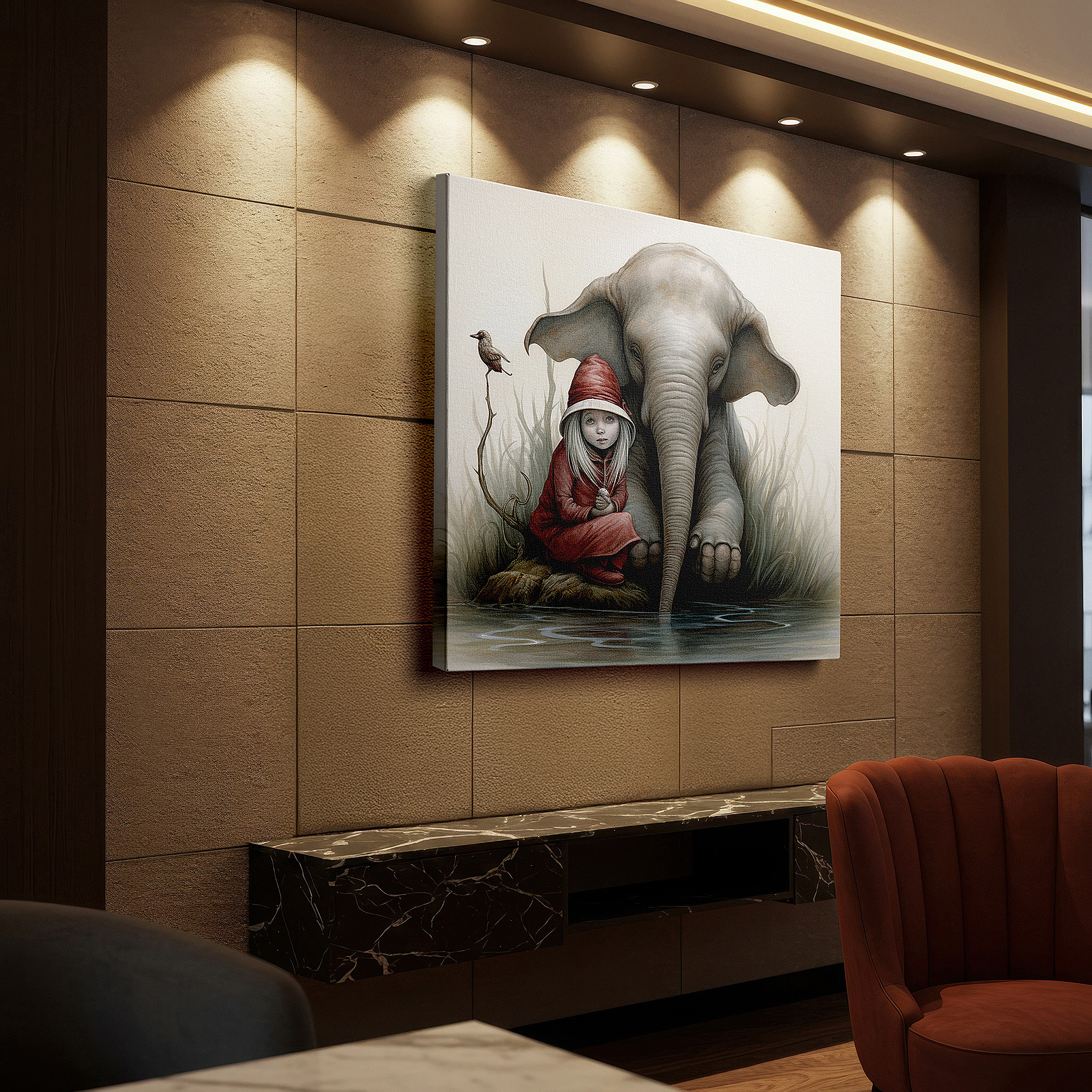 Close-up shows rich pigment, color blending, and brushwork texture — tranquil moments by the water: featuring a young girl and majestic elephant - large canvas wall art for office and bedroom decor