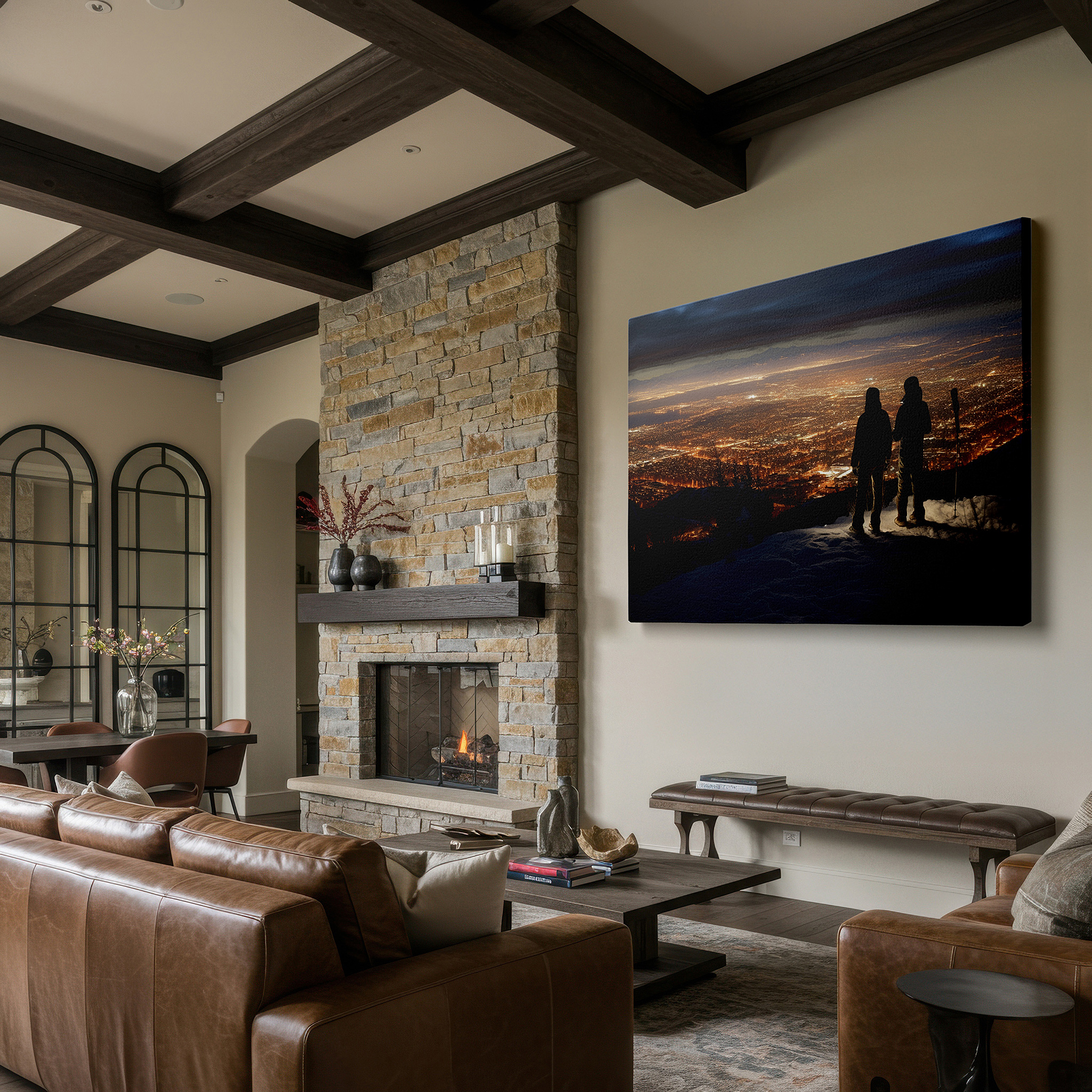 Close-up shows rich pigment, color blending, and brushwork texture — tranquil urban twilight silhouette large wall art, canvas decor for office, bedroom, and living room
