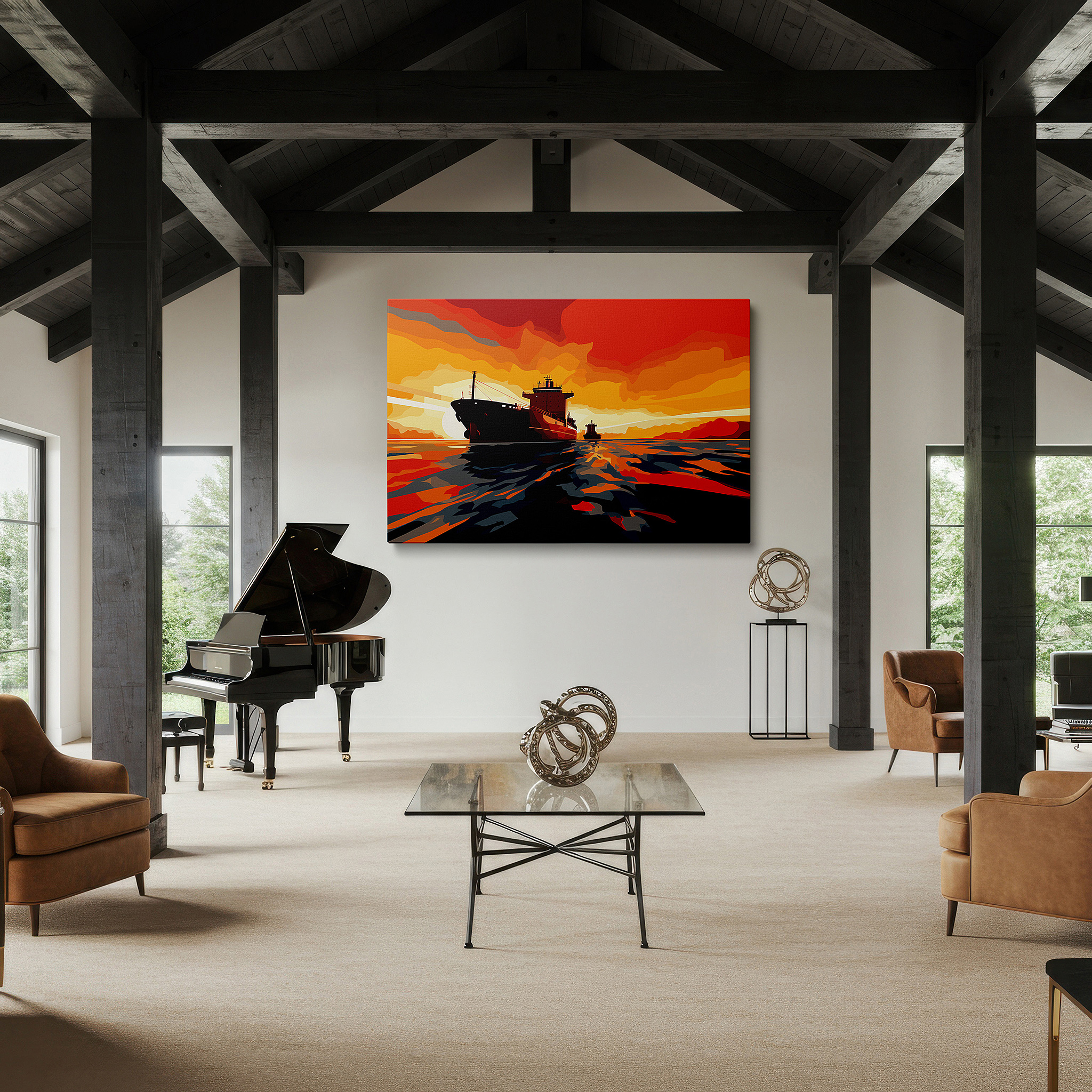 Close-up shows rich pigment, color blending, and brushwork texture — twilight cargo ships against a fiery horizon: reflecting nature's beauty and human endeavor - large canvas wall art for office decor