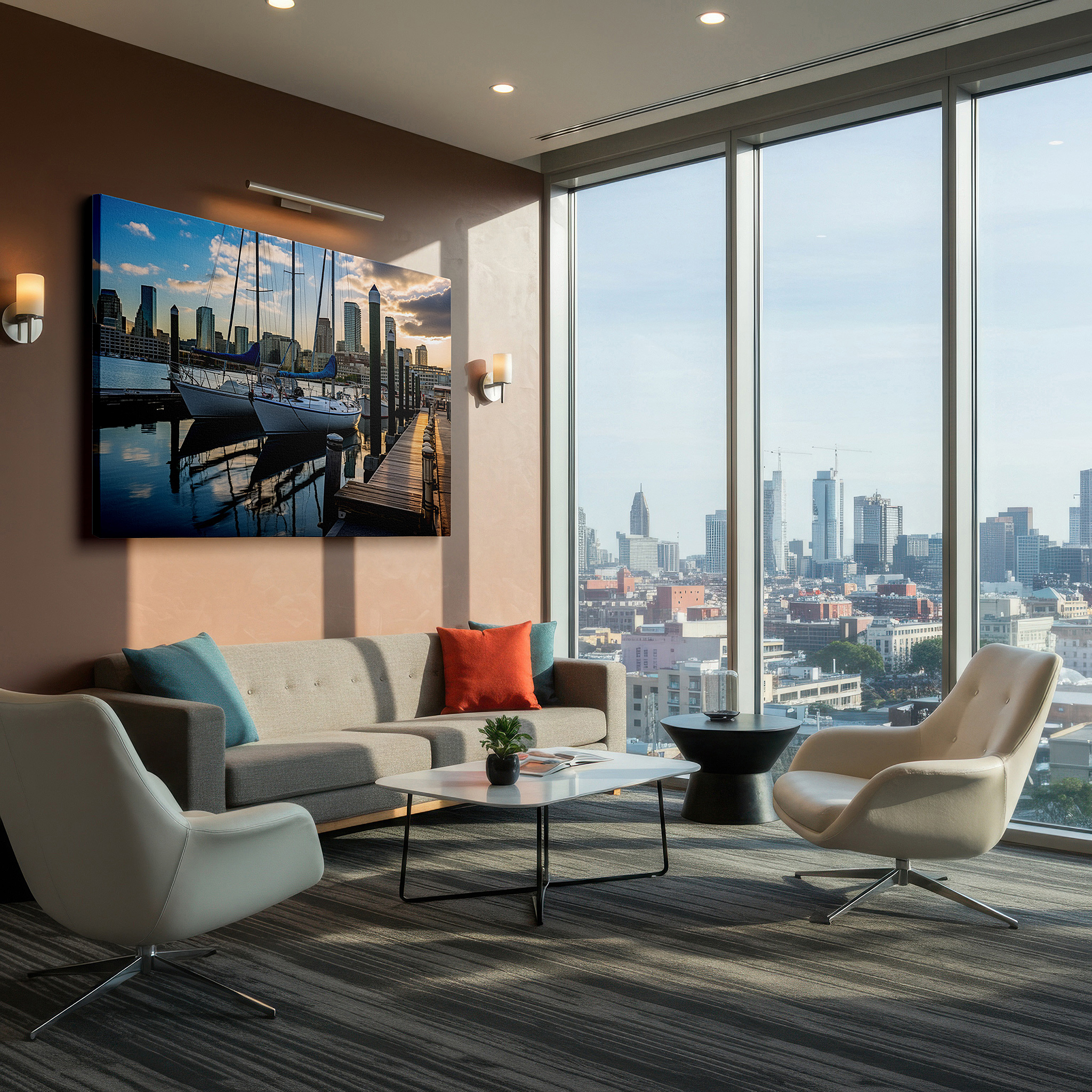 Close-up shows rich pigment, color blending, and brushwork texture — urban harbor at sunset: tranquil elegance with sailboats and city skyline - large canvas wall art for office and bedroom decor