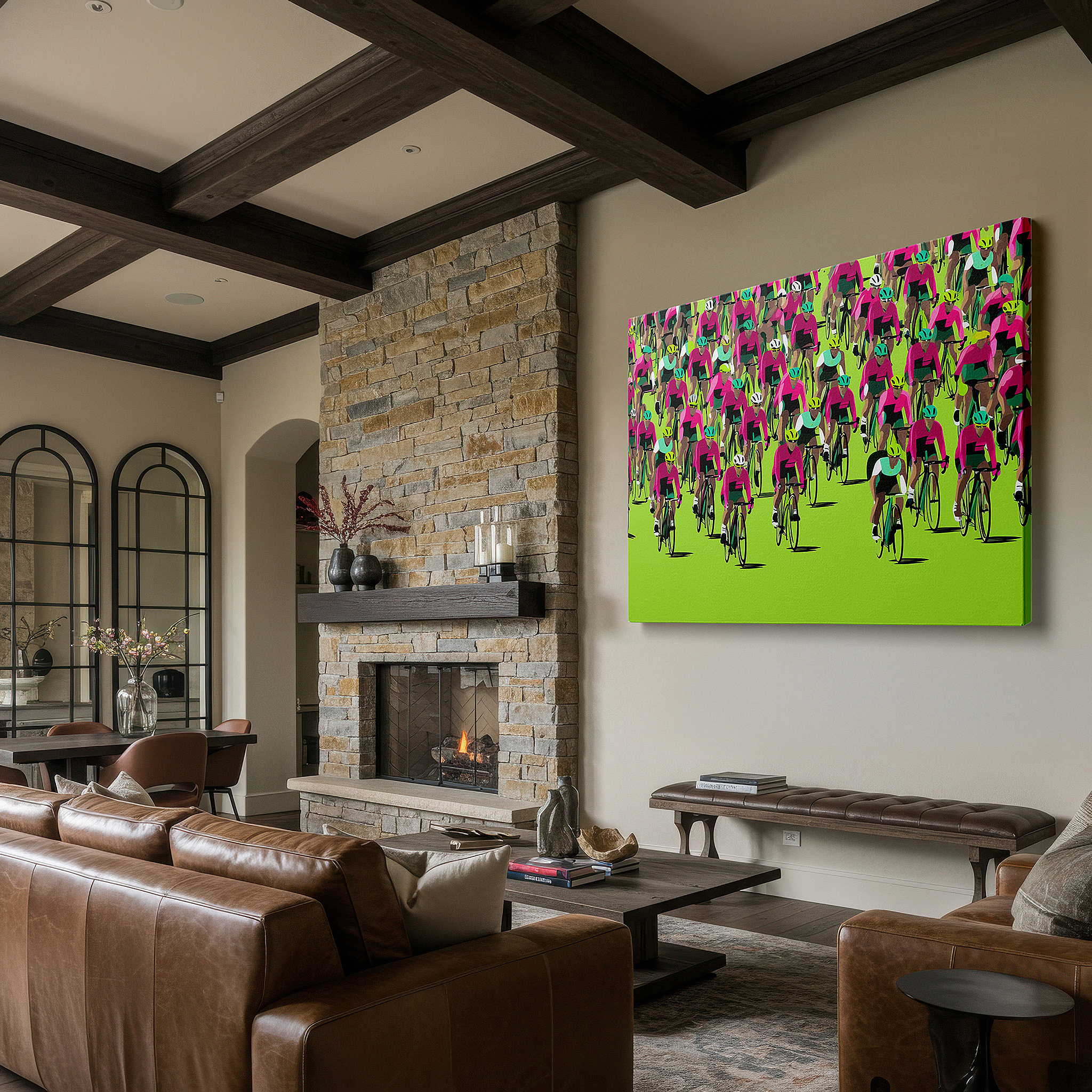 Close-up shows rich pigment, color blending, and brushwork texture — vibrant cycling race wall art: experience the excitement and motion of sports with a lush green background, perfect for office decor