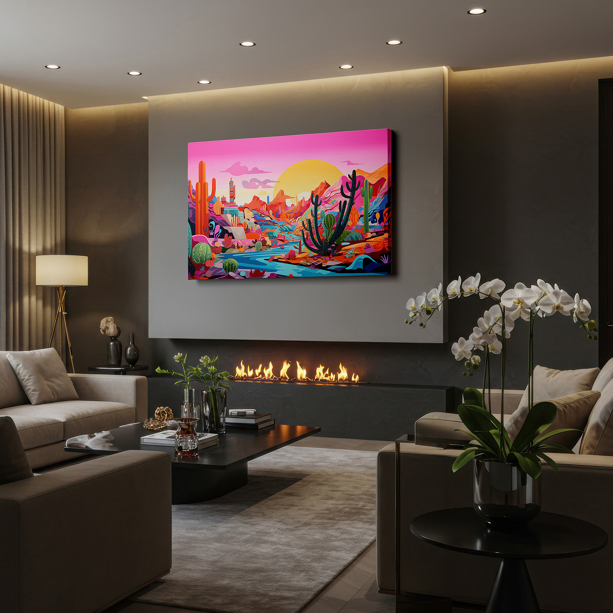 Close-up shows rich pigment, color blending, and brushwork texture — vibrant desert whimsy: stylized cacti and dynamic rock formations under a pink sky - large canvas wall art for office decor