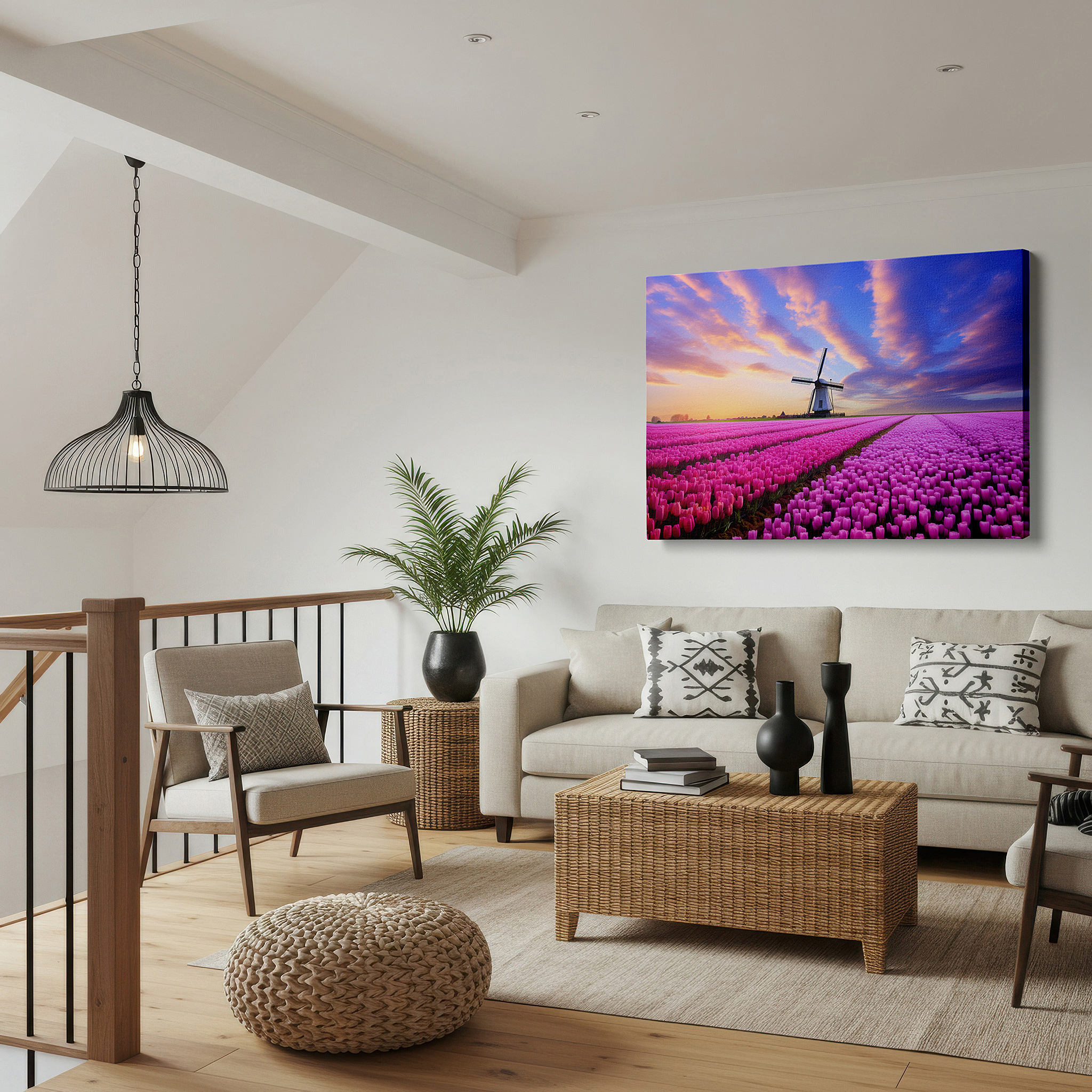 Close-up shows rich pigment, color blending, and brushwork texture — vibrant tulip fields and classic windmill beneath a dramatic sky: large canvas wall art for office, bedroom, and living room decor