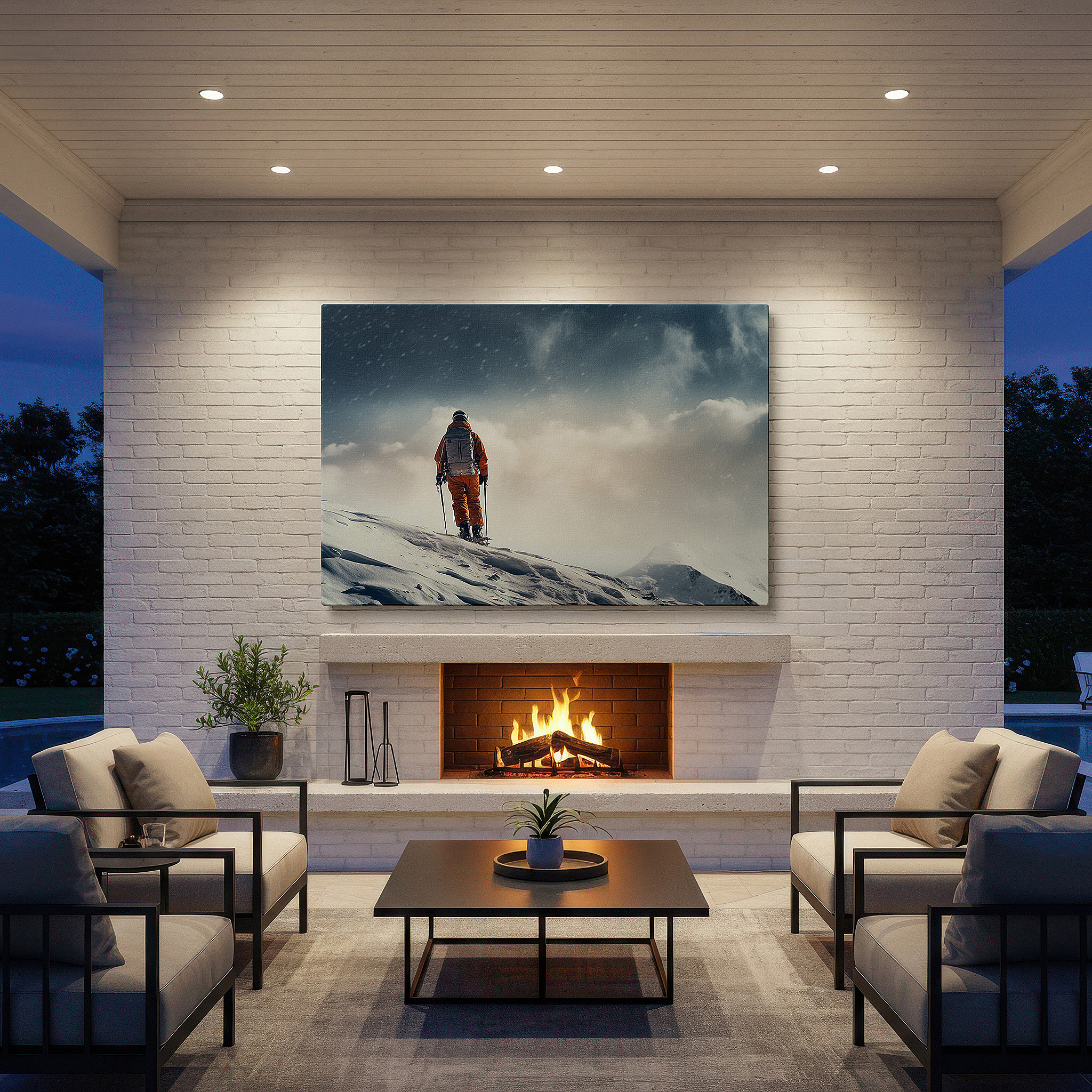 Close-up shows rich pigment, color blending, and brushwork texture — wall decor: the solo traveler's brave trek across snow-covered peaks - large canvas art for home and office