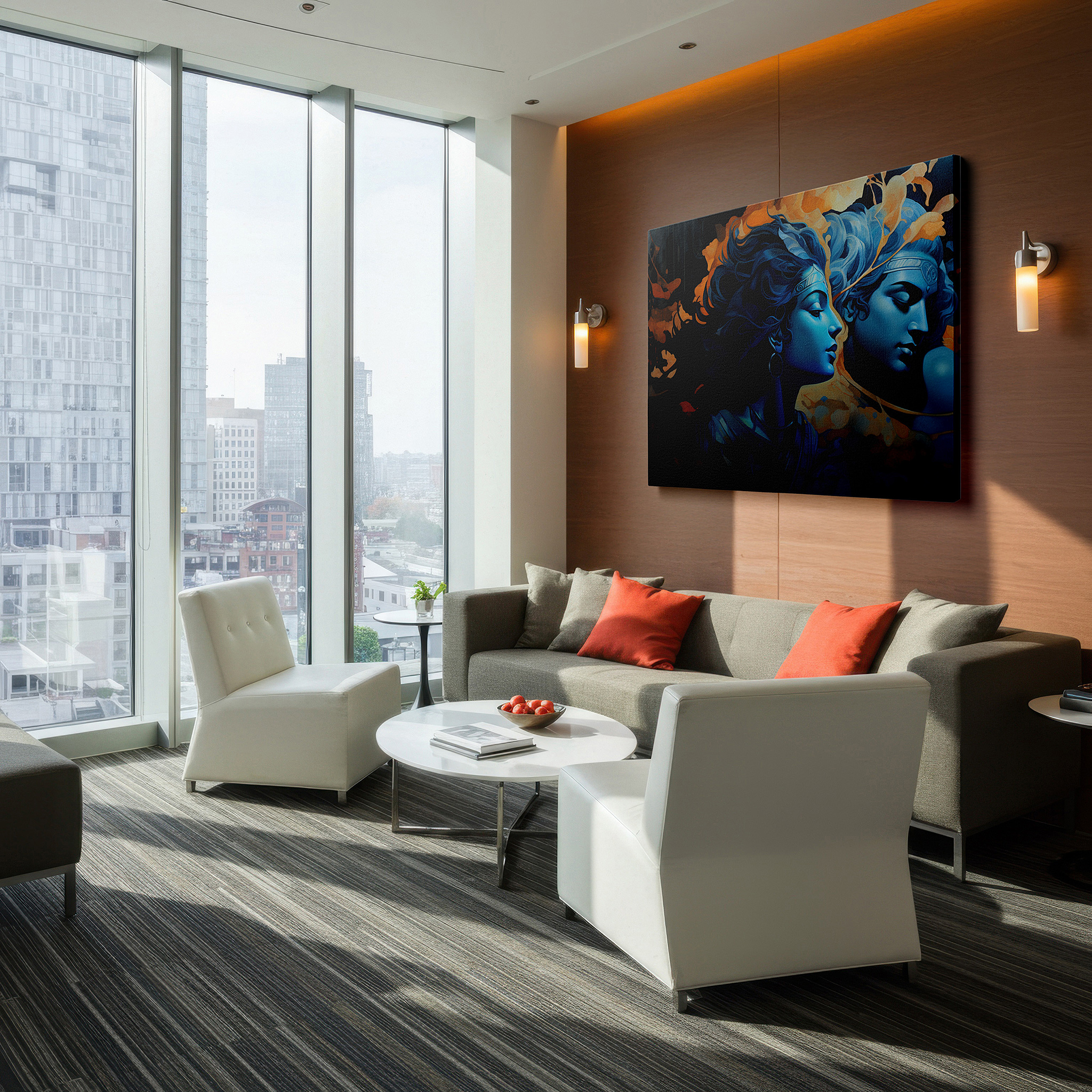 Displayed above a contemporary leather sofa in warm light — abstract enchantment: woman in blue - exploring introspection and duality, large canvas wall art for office and bedroom decor