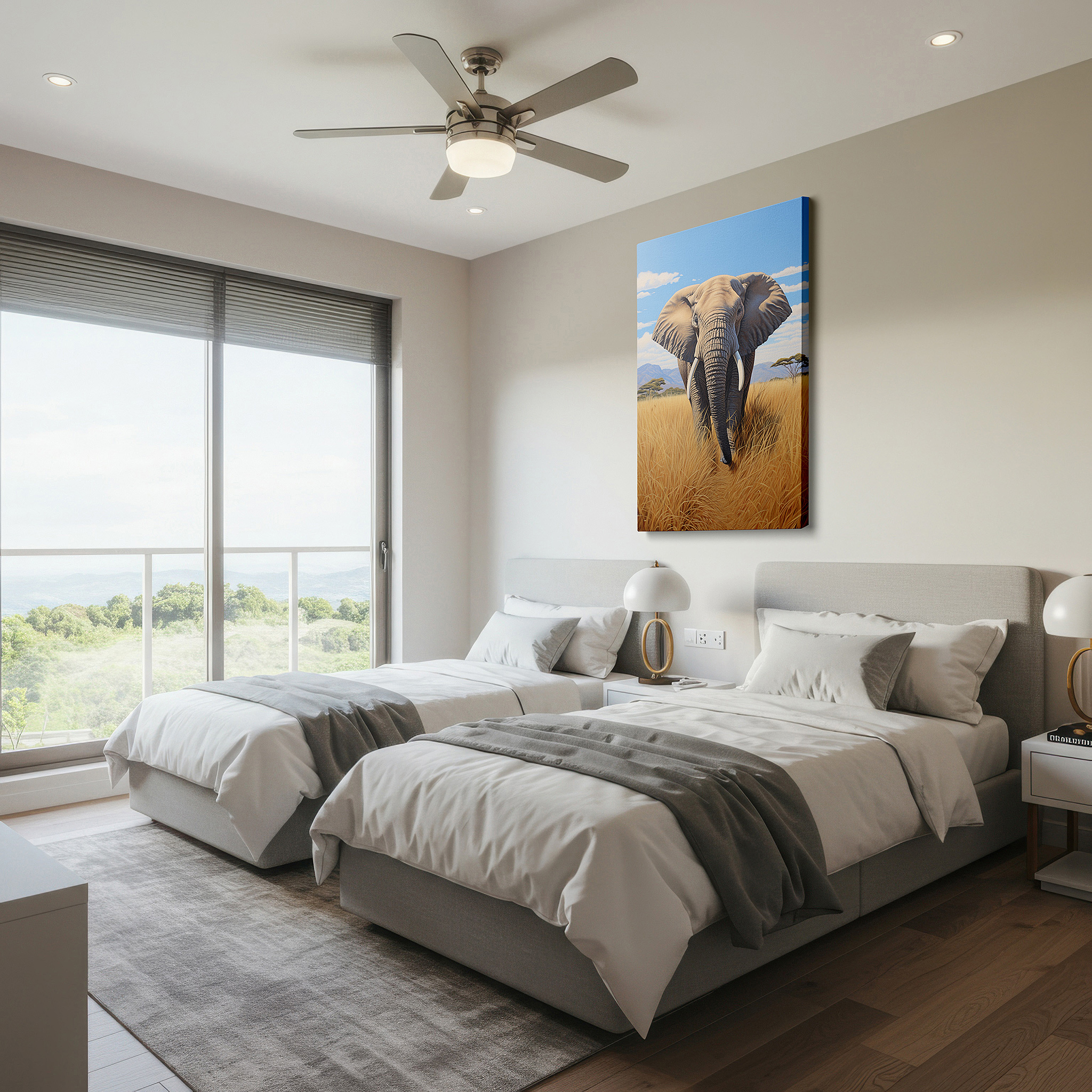 Displayed above a contemporary leather sofa in warm light — african elephant in golden grass with blue sky large canvas wall art for office, bedroom, and living room decor