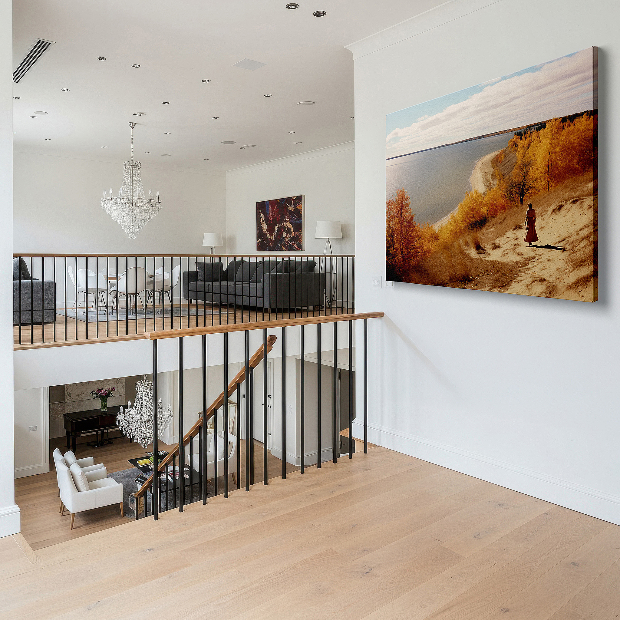 Displayed above a contemporary leather sofa in warm light — autumn beach tranquility: serene large wall art for bedrooms and offices, featuring vibrant autumn colors on canvas
