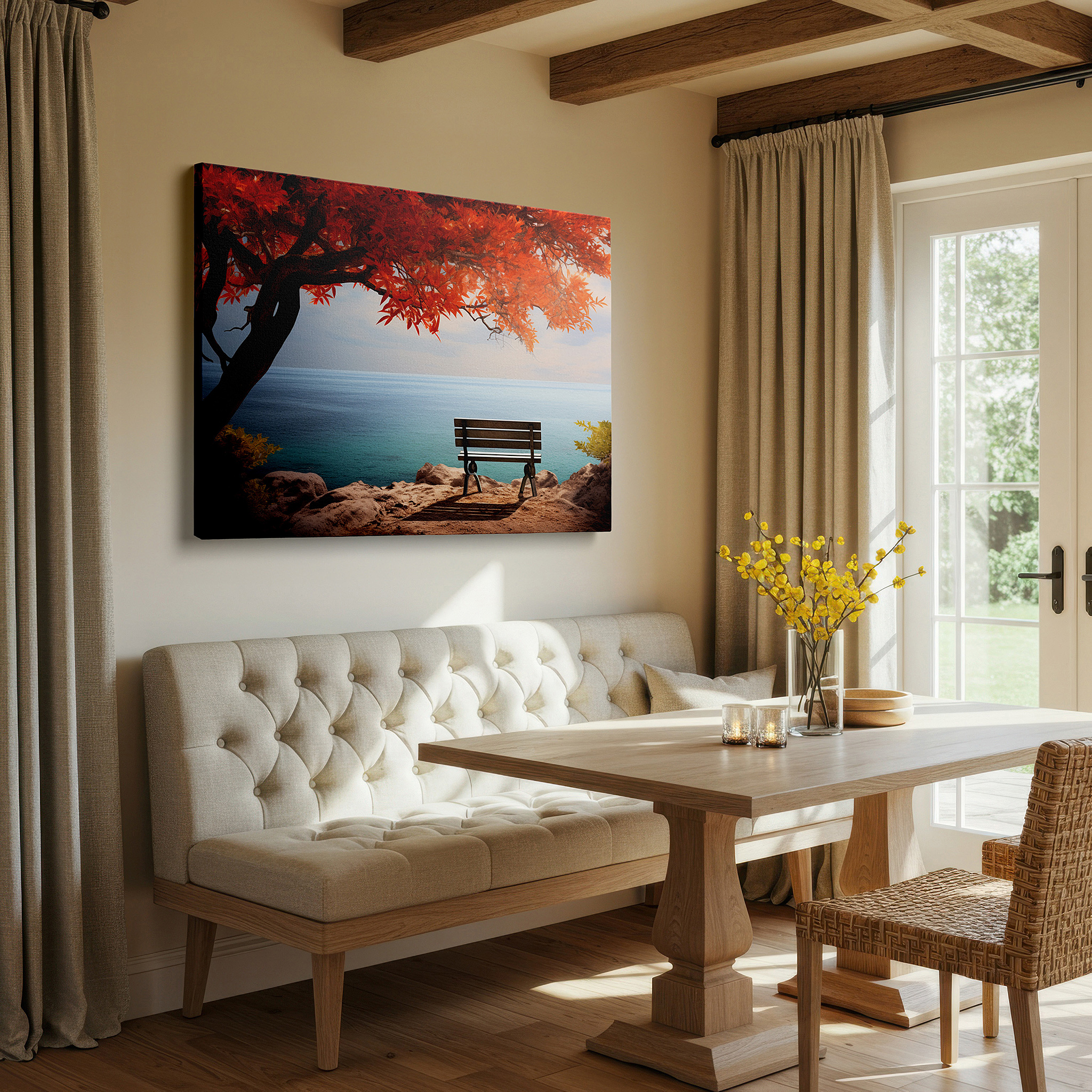Displayed above a contemporary leather sofa in warm light — autumn embrace: serene coastal waters - a visual sanctuary for peace and reflection, large canvas wall art for office decor