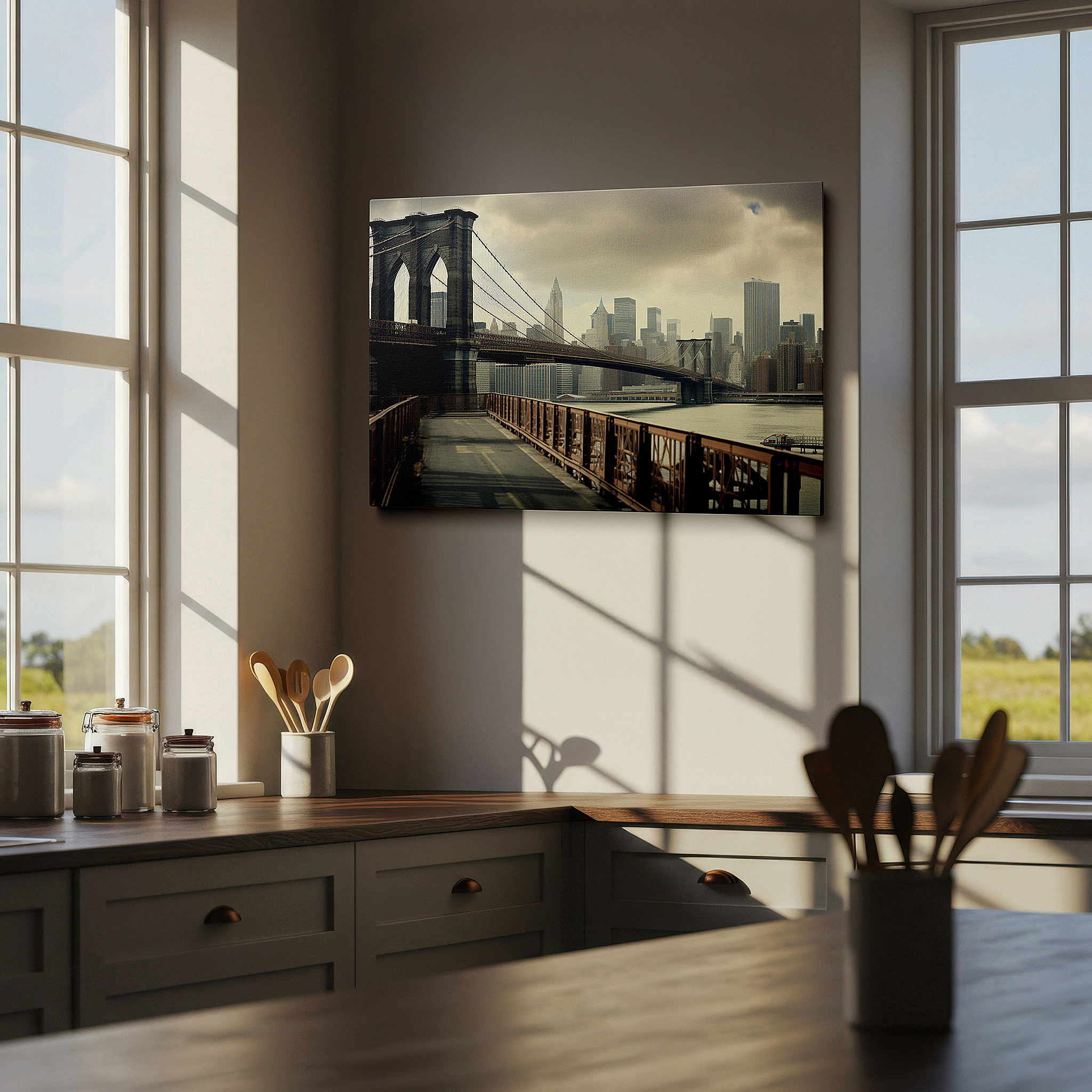 Displayed above a contemporary leather sofa in warm light — brooklyn bridge and nyc skyline wall art: celebrating engineering and urban spirit - large canvas art for office and bedroom decor