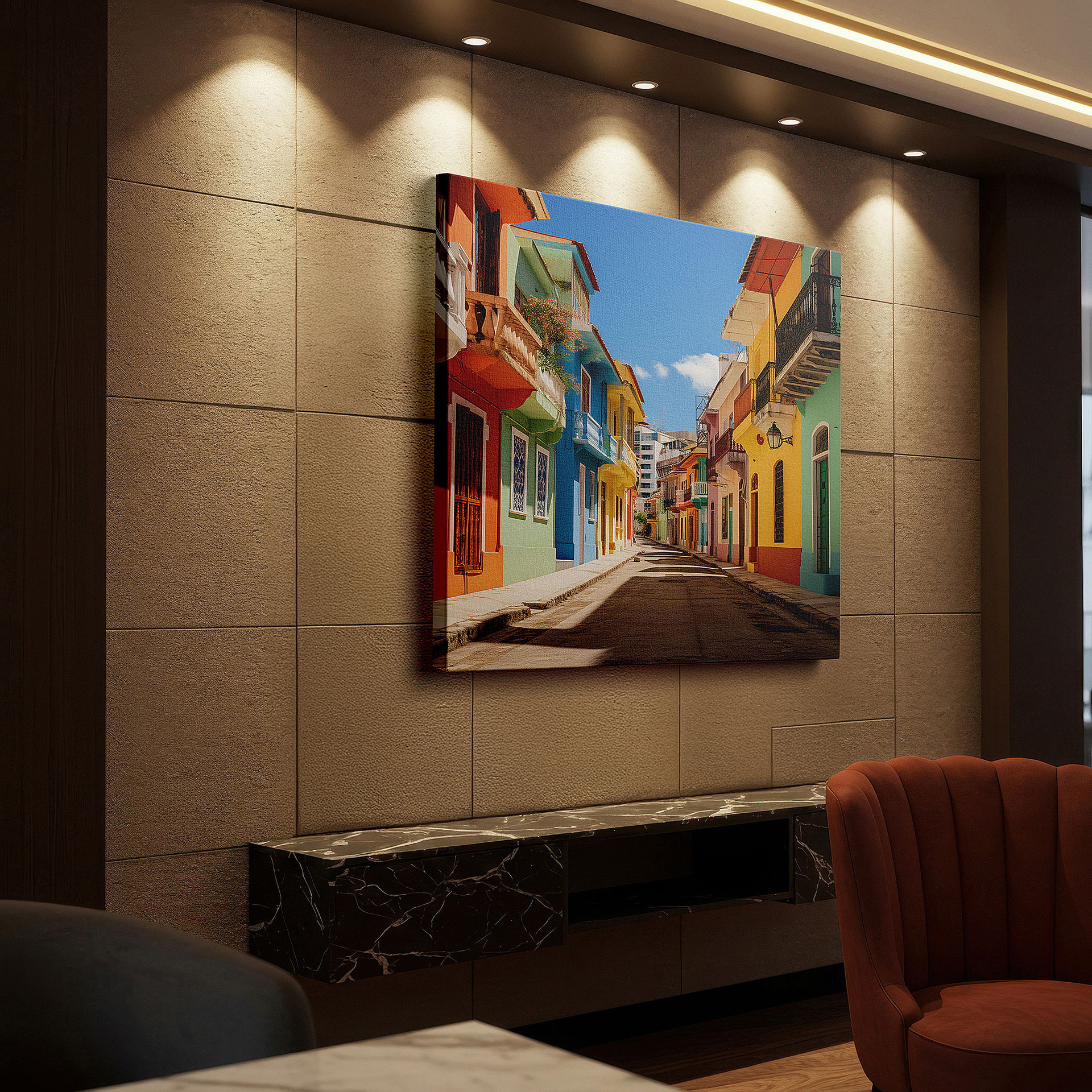 Displayed above a contemporary leather sofa in warm light — cartagena vibrance: gateway to colombia's caribbean jewel - large wall art, canvas decor for office and bedroom