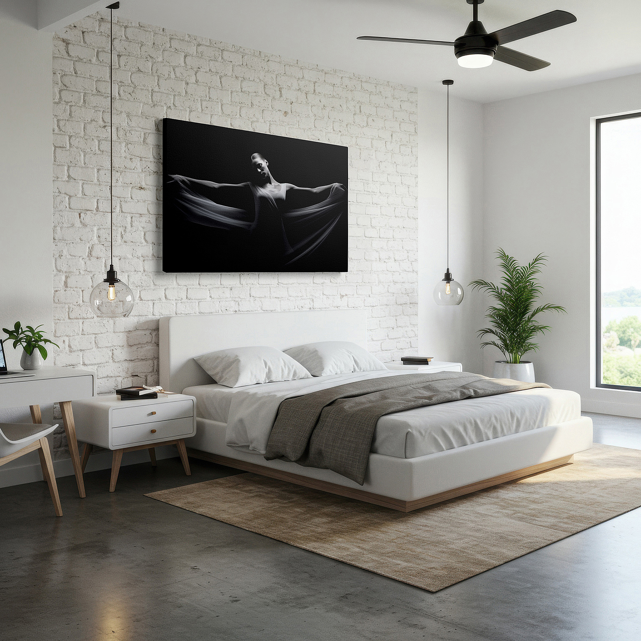 Displayed above a contemporary leather sofa in warm light — celestial dancer in motion: a symphony of light and shadow - large canvas wall art for office and bedroom decor
