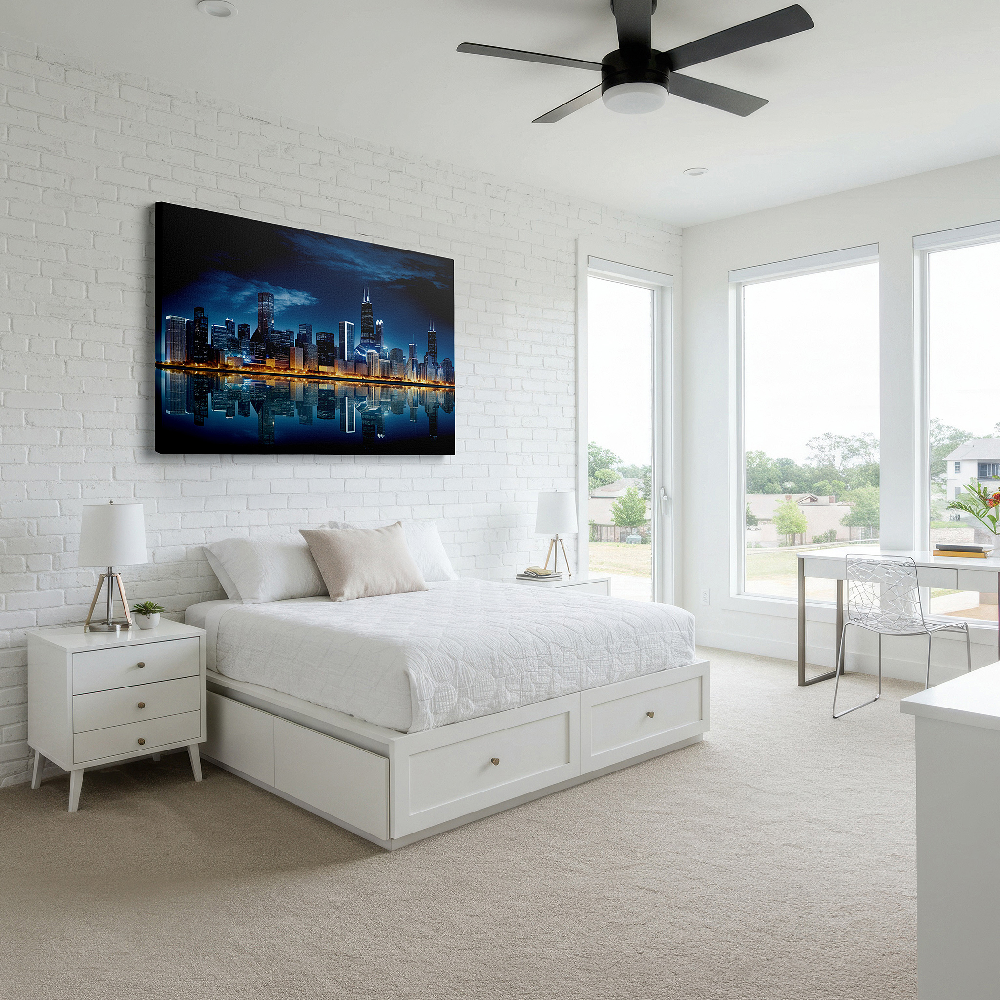 Displayed above a contemporary leather sofa in warm light — chicago skyline at night: light symphony and reflections - large wall art, canvas, decor for office and bedroom
