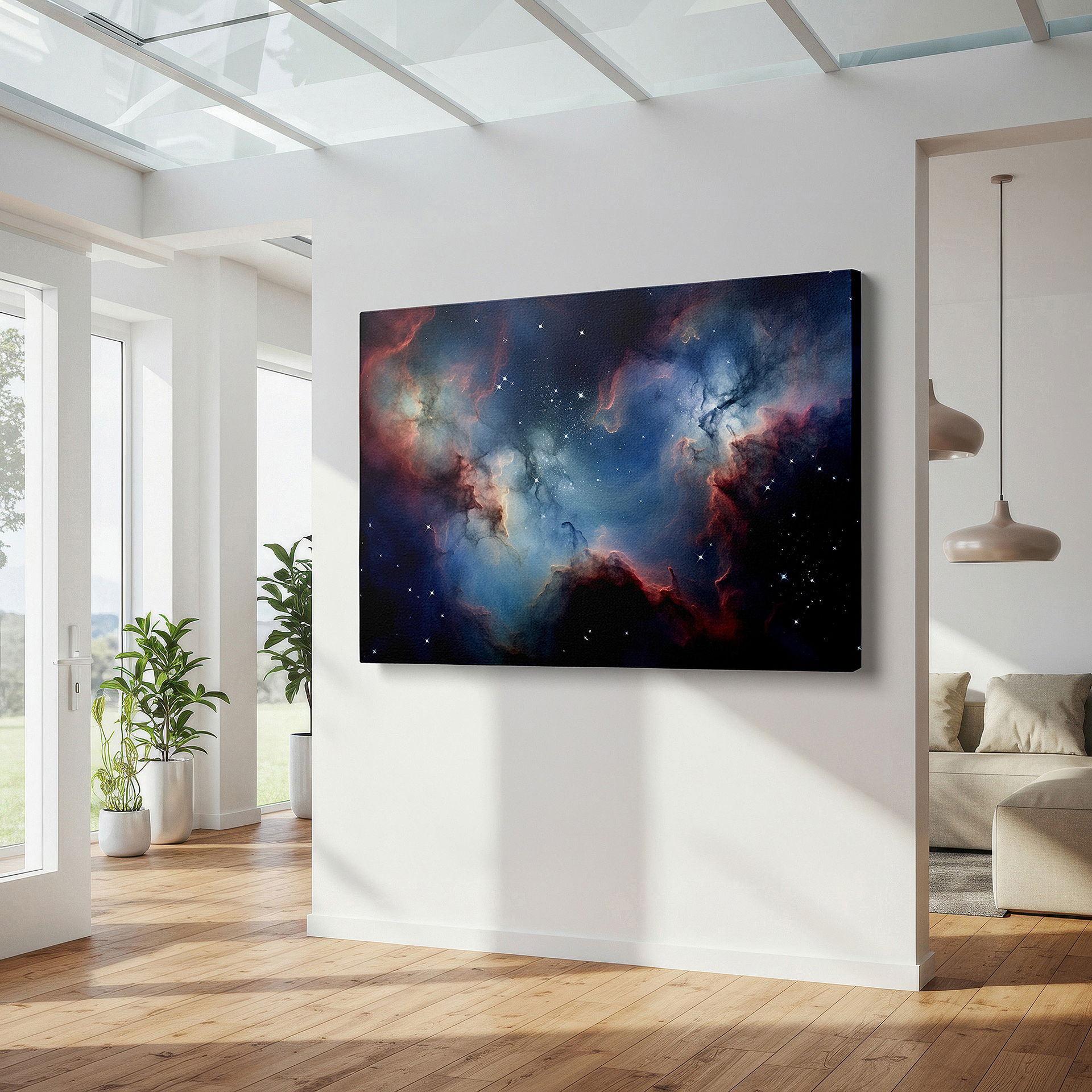 Displayed above a contemporary leather sofa in warm light — cosmic cloudscape wall art: explore the universe's mysteries