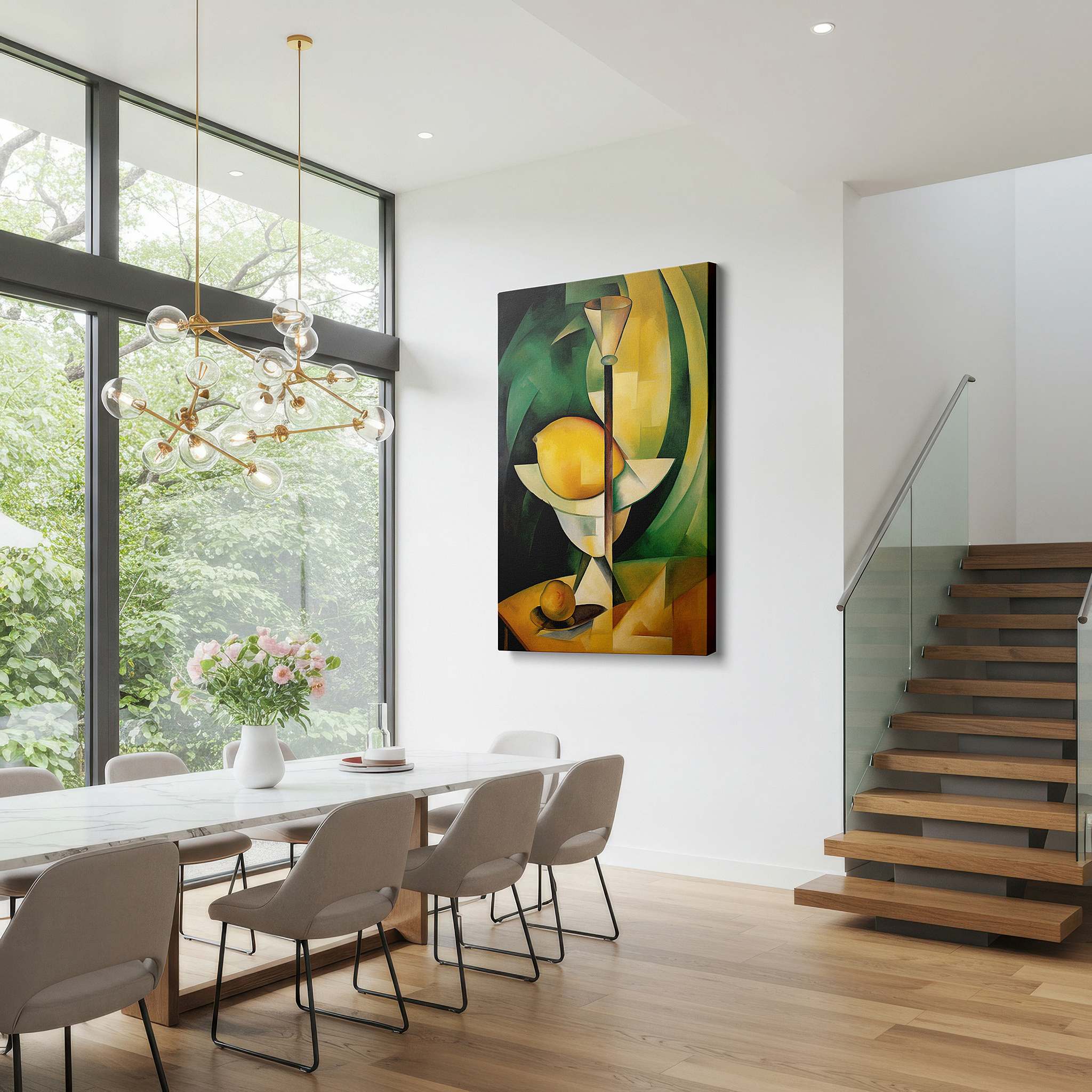 Displayed above a contemporary leather sofa in warm light — cubist abstract still life featuring lemon and orange on a geometric table, large canvas wall art for home and office decor
