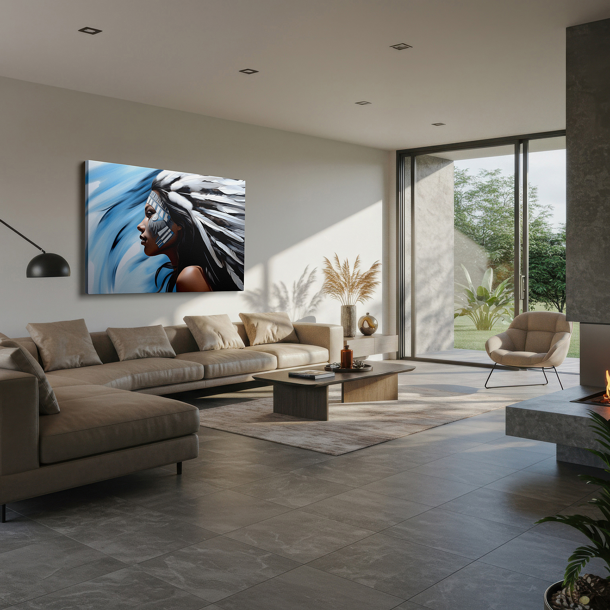 Displayed above a contemporary leather sofa in warm light — cultural pride and resilience tribal headdress large wall art, canvas decor for office, bedroom, and living room