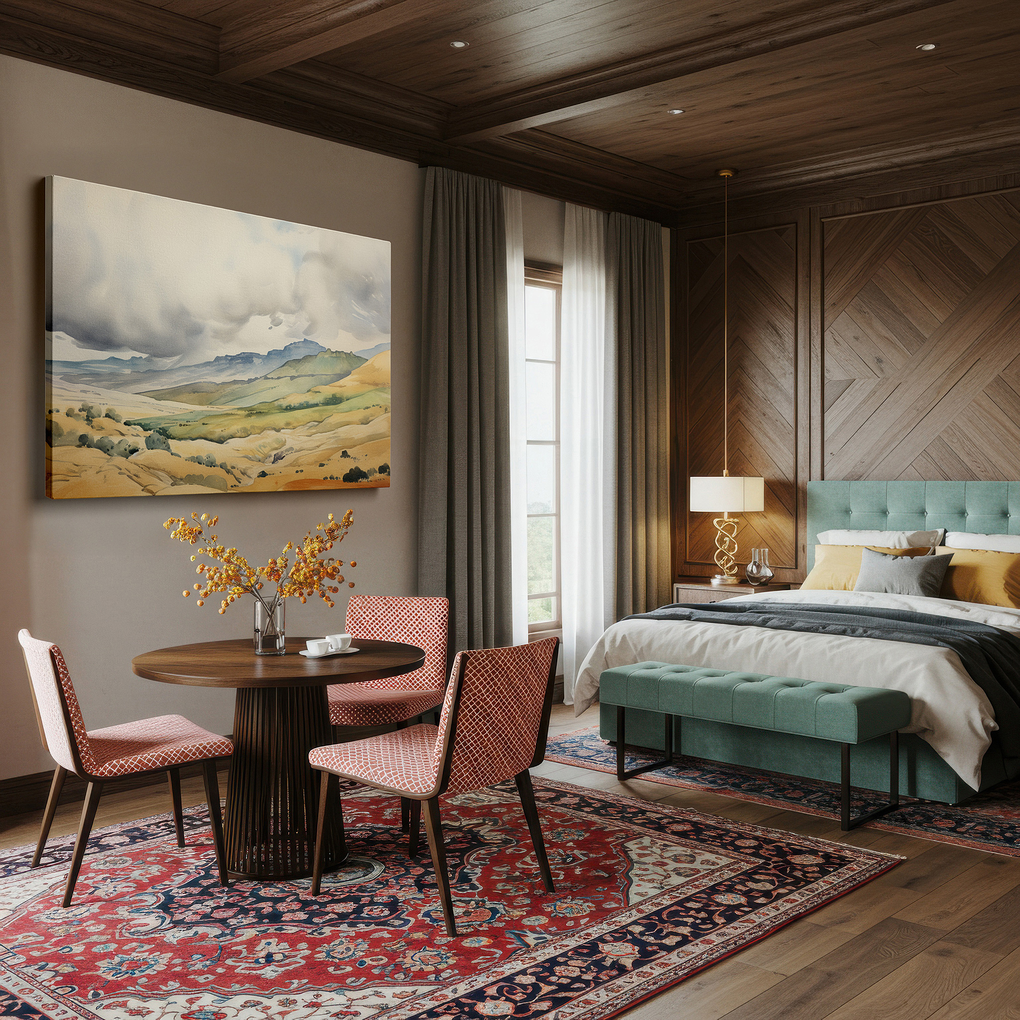 Displayed above a contemporary leather sofa in warm light — dramatic mountains beneath a brooding sky - gateway to nature's majestic moods large wall art, canvas wall art, wall decor, office wall art, bedroom wall art