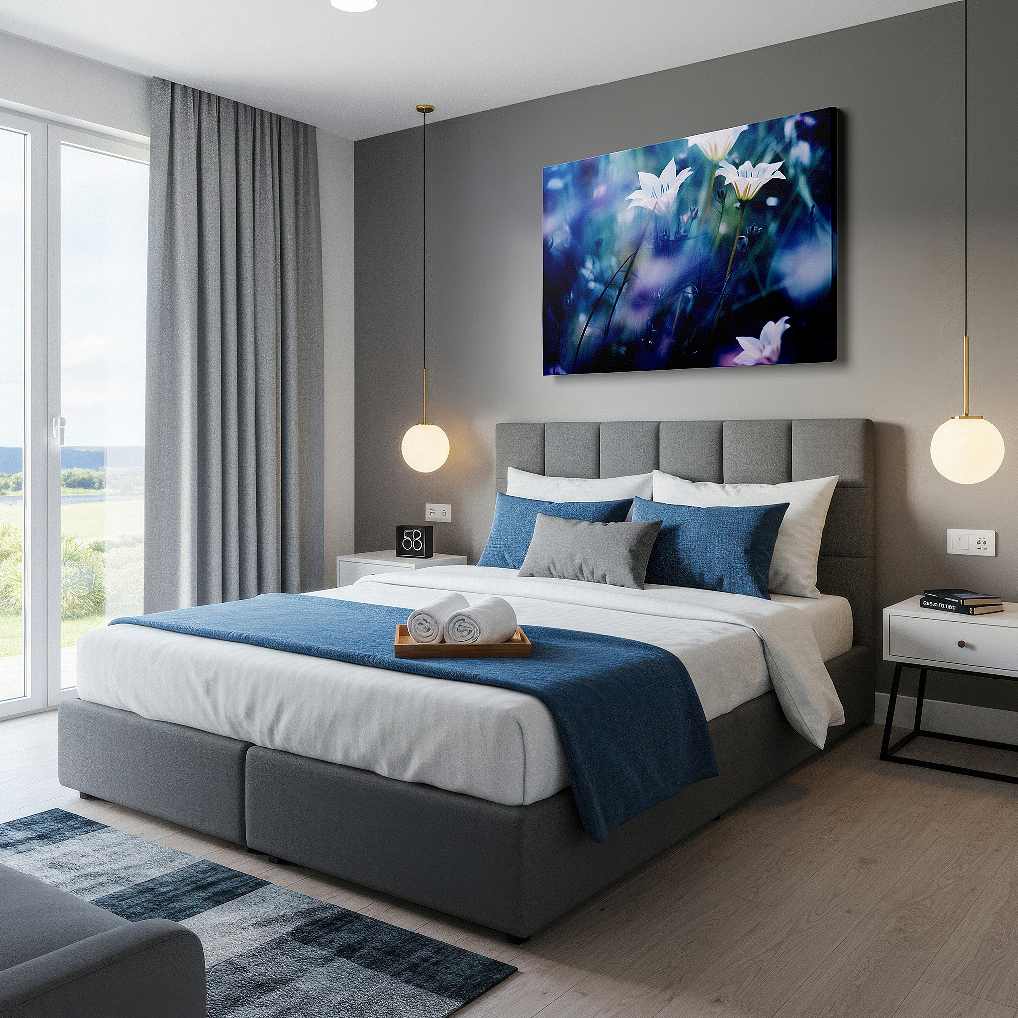 Displayed above a contemporary leather sofa in warm light — dreamlike ethereal garden with enchanted white flowers large wall art, canvas wall art, wall decor for office, bedroom, and living room