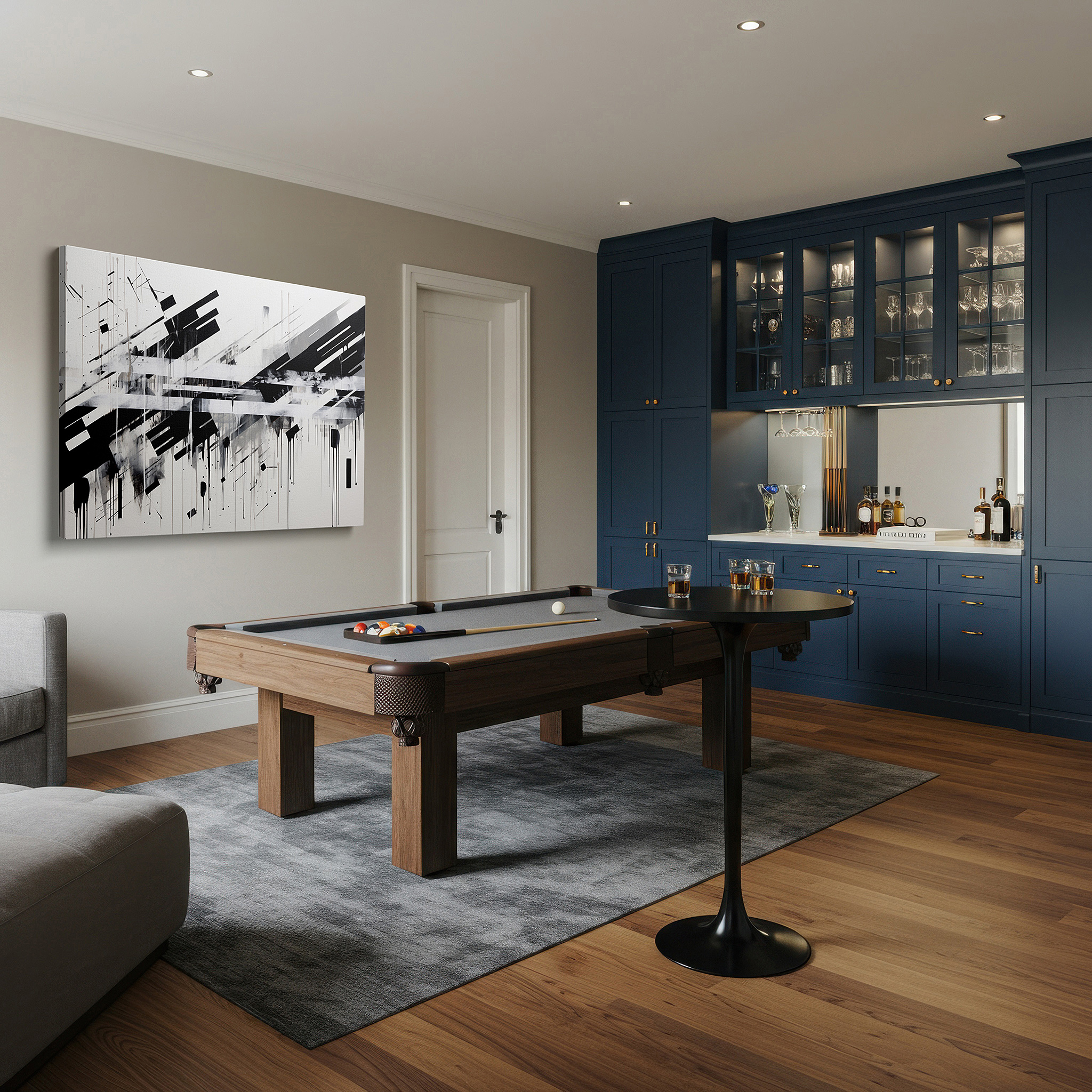Displayed above a contemporary leather sofa in warm light — dynamic interplay of black and white in abstract expression: large wall art for offices, bedrooms, and living spaces