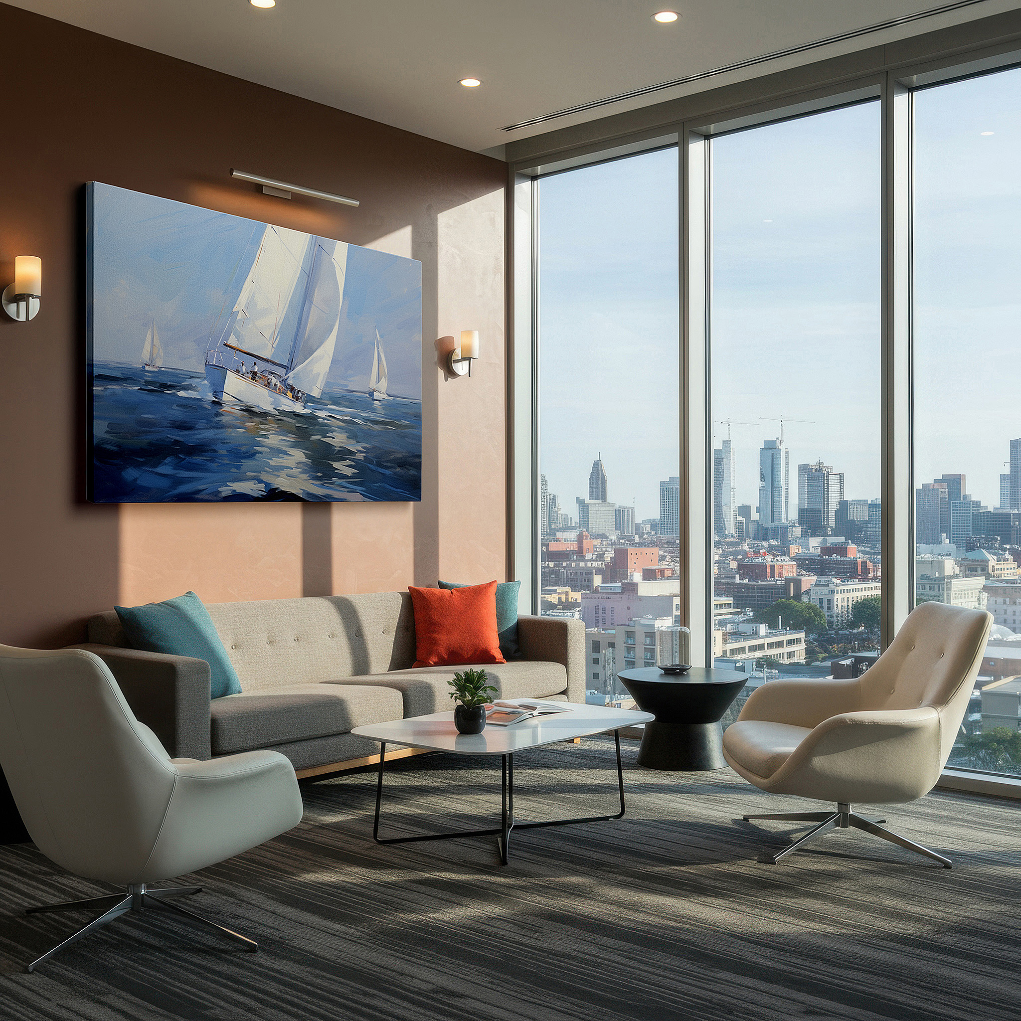 Displayed above a contemporary leather sofa in warm light — dynamic yachts on the open sea: a vivid display of adventure and tranquil ocean beauty - large canvas wall art for office decor