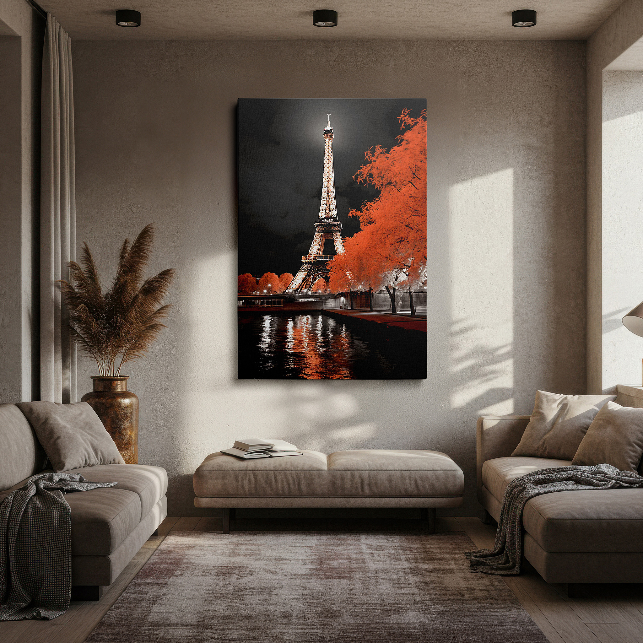 Displayed above a contemporary leather sofa in warm light — eiffel tower vibrance amid classic parisian tones, symbol of hope and nostalgia, large canvas wall art for home and office decor